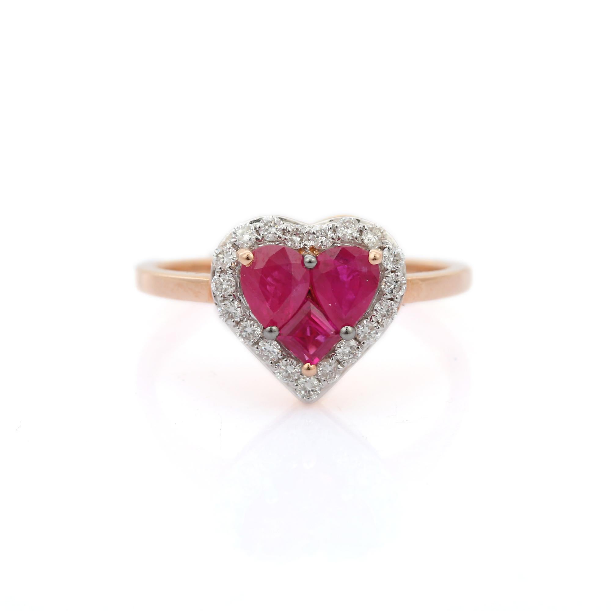 For Sale:  Cluster Ruby Heart Ring with Halo of Diamonds in 18k Solid Rose Gold 2