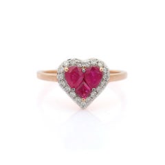 Cluster Ruby Heart Ring with Halo of Diamonds in 18k Solid Rose Gold