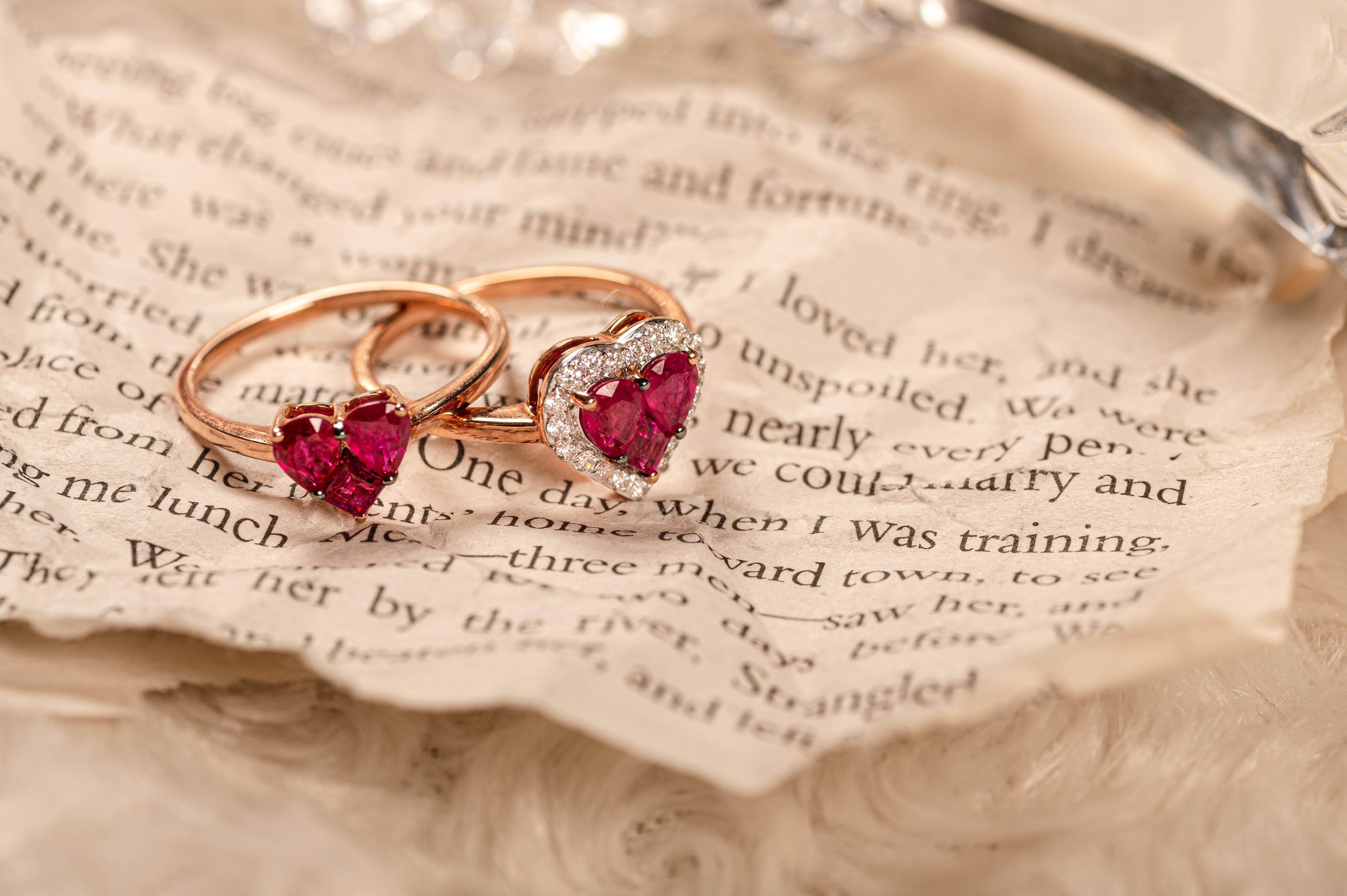 For Sale:  Cluster Ruby Heart Ring with Halo of Diamonds in 18k Solid Rose Gold 3