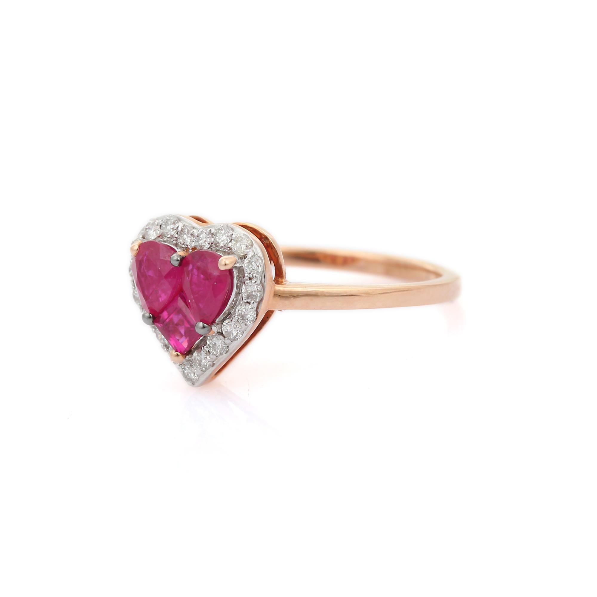 For Sale:  Cluster Ruby Heart Ring with Halo of Diamonds in 18k Solid Rose Gold 4