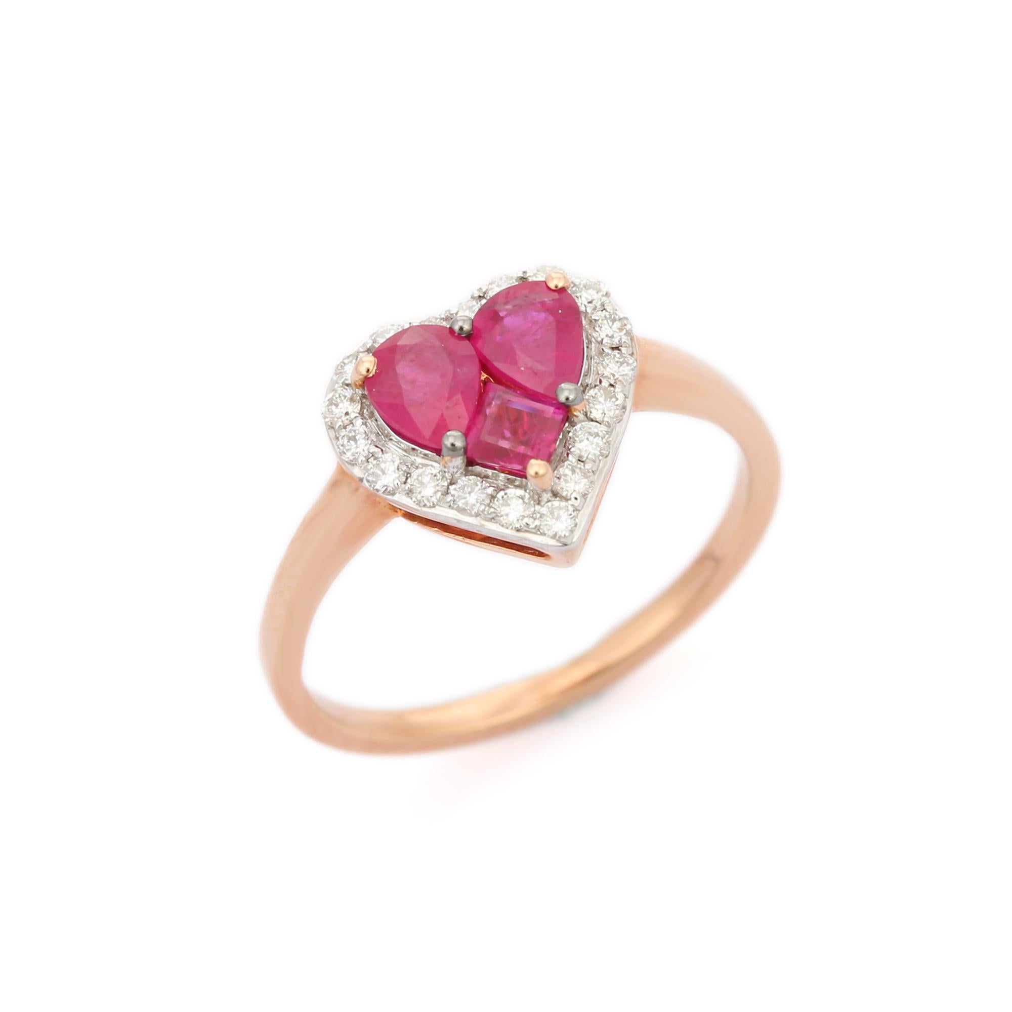 For Sale:  Cluster Ruby Heart Ring with Halo of Diamonds in 18k Solid Rose Gold 6