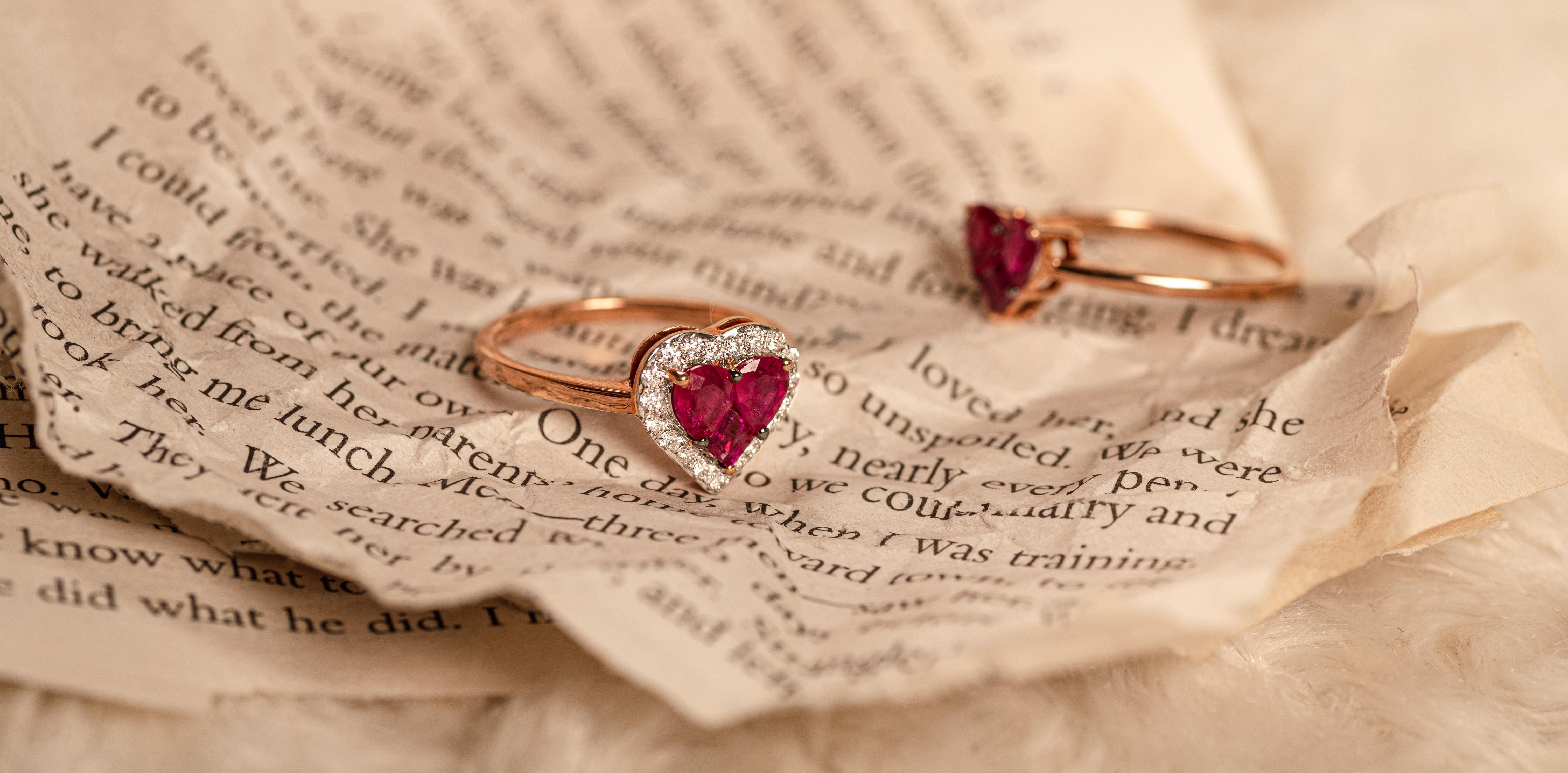 For Sale:  Cluster Ruby Heart Ring with Halo of Diamonds in 18k Solid Rose Gold 7