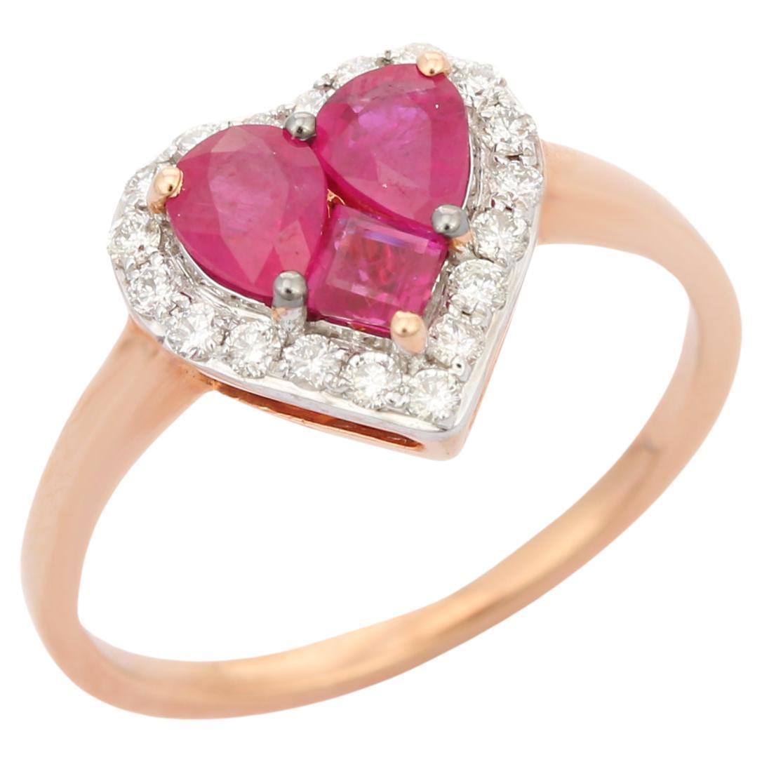 For Sale:  Cluster Ruby Heart Ring with Halo of Diamonds in 18k Solid Rose Gold