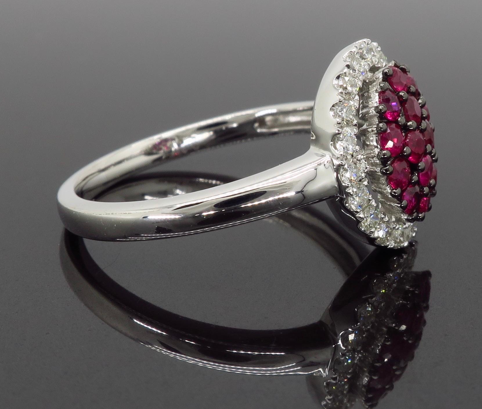 Cluster Ruby Ring Surrounded by a Halo of Diamonds In New Condition In Webster, NY