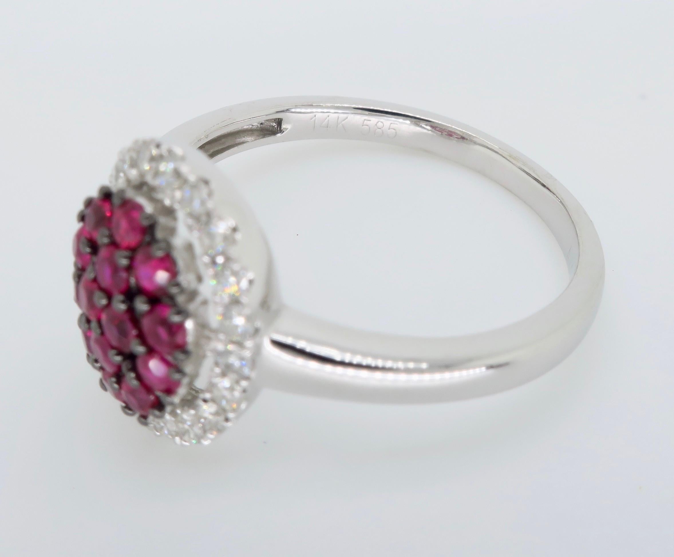 Women's or Men's Cluster Ruby Ring Surrounded by a Halo of Diamonds