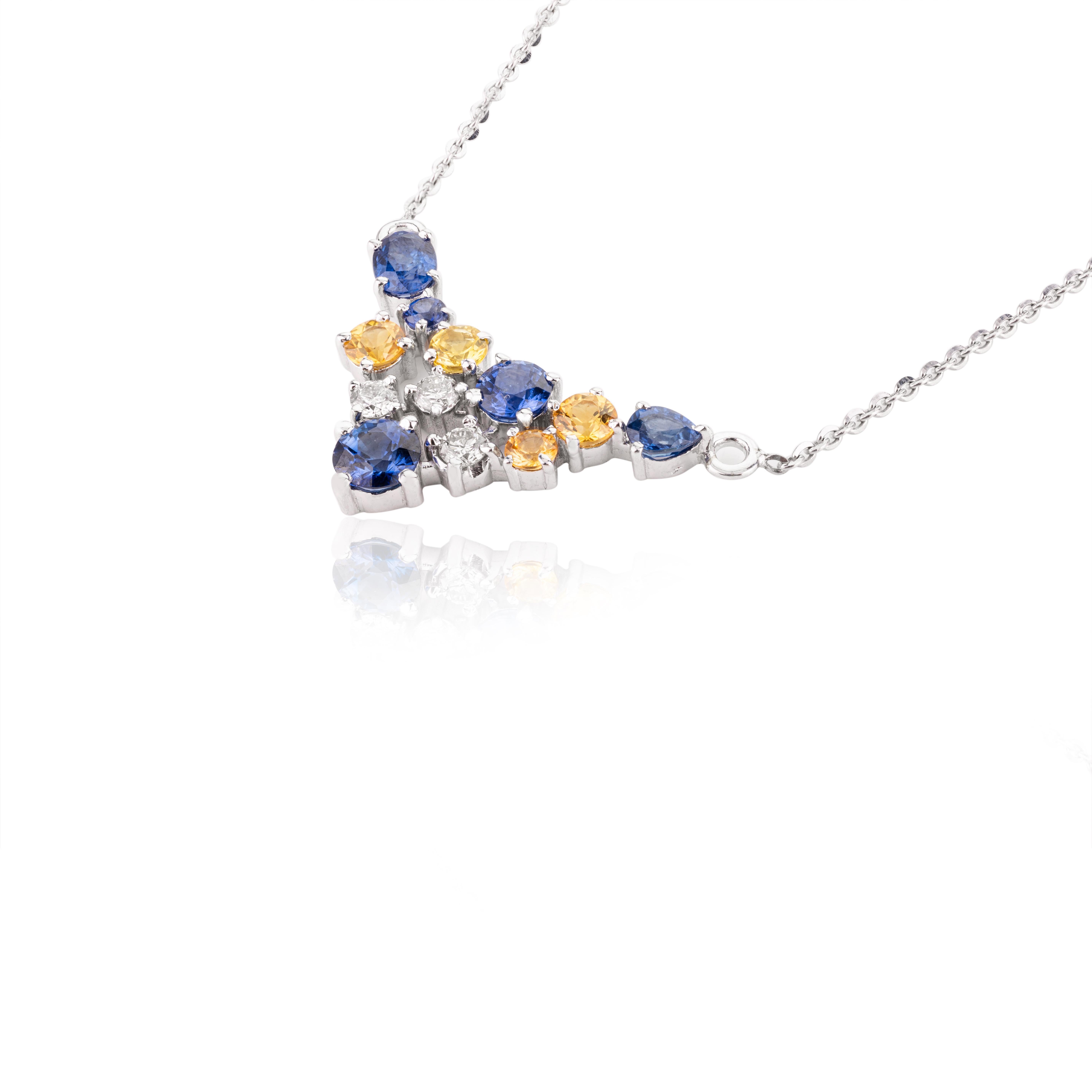 Art Deco Cluster Sapphire and Diamond Chain Necklace in 14k Solid White Gold for Her For Sale