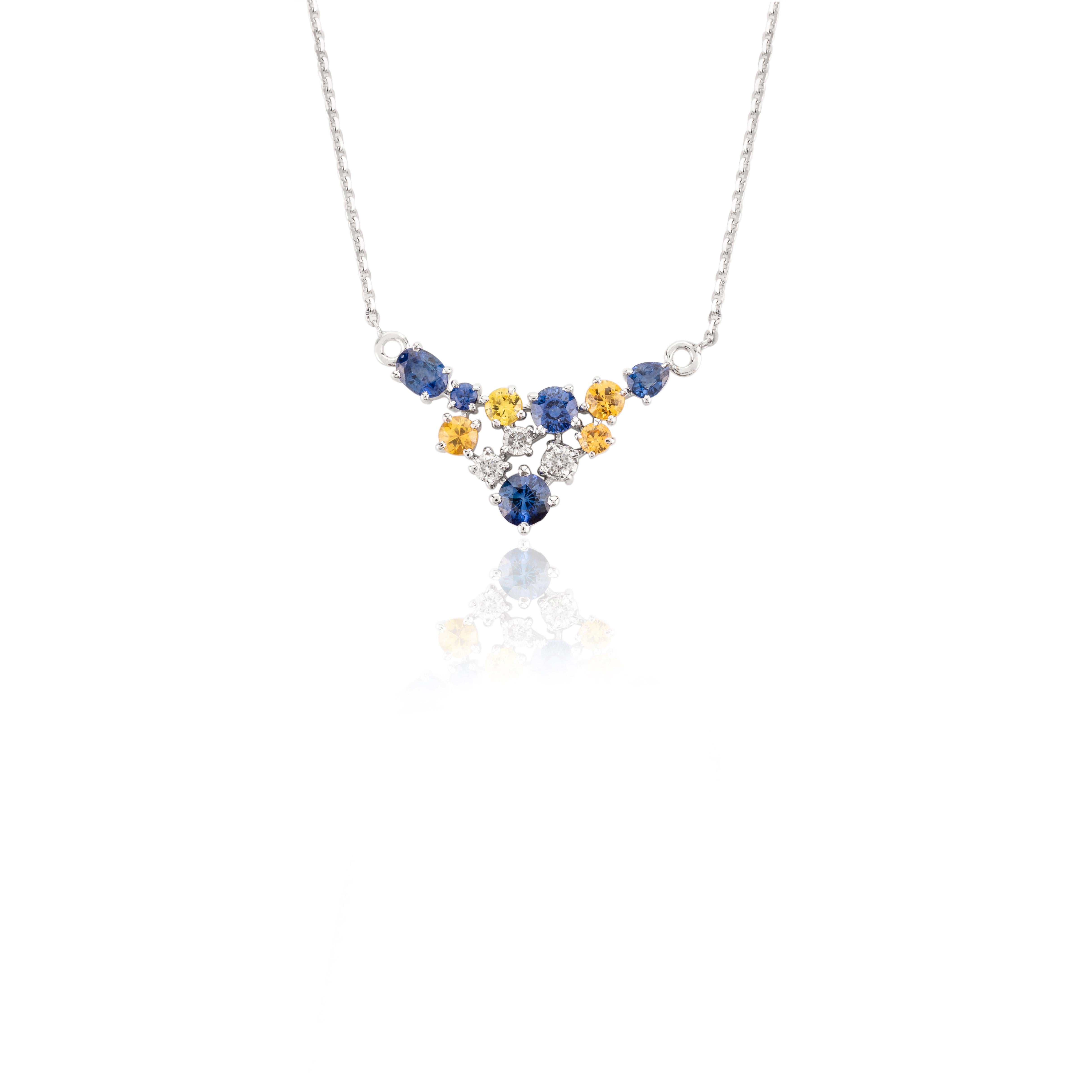 Cluster Sapphire and Diamond Chain Necklace in 14k Solid White Gold for Her In New Condition For Sale In New York, NY