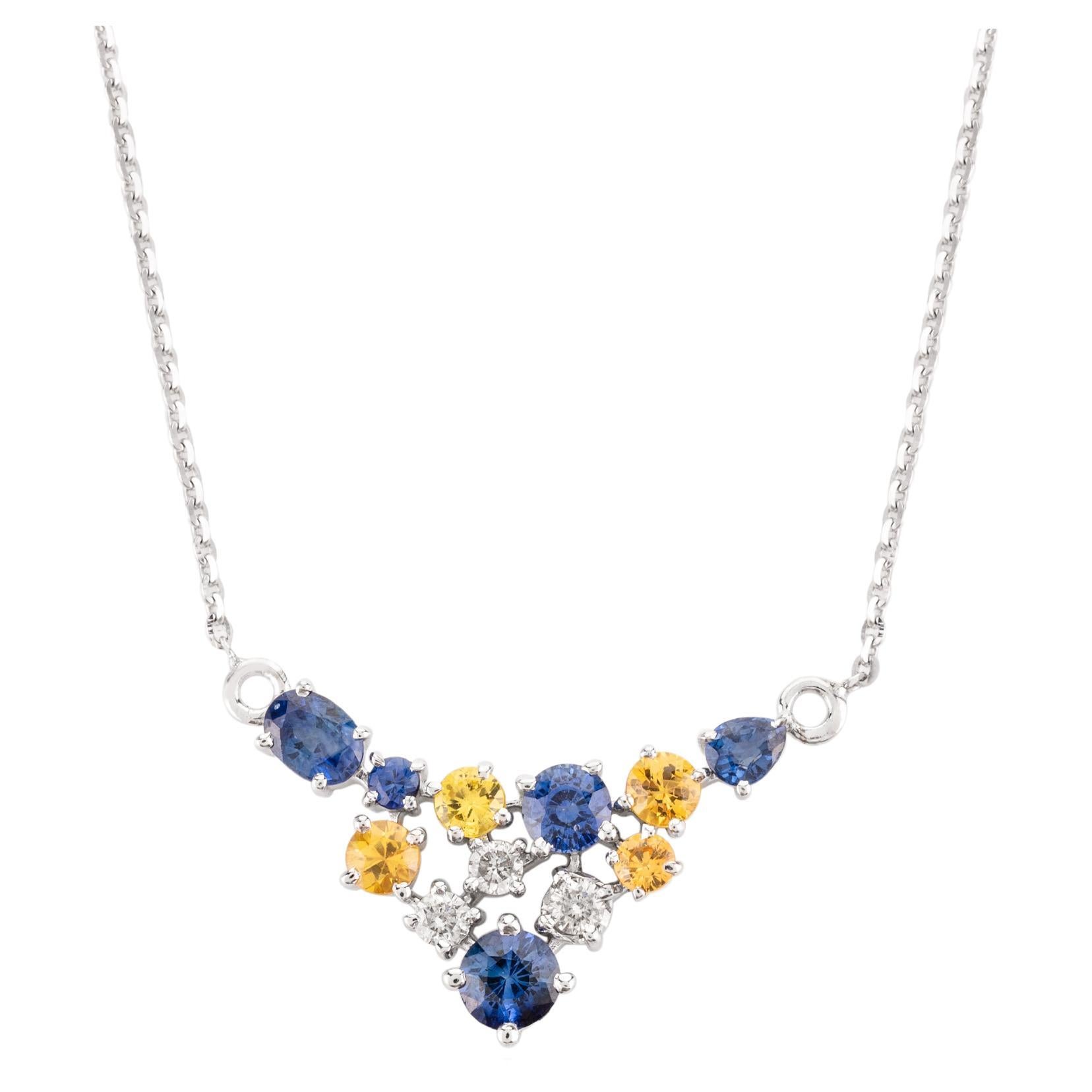 Cluster Sapphire and Diamond Chain Necklace in 14k Solid White Gold for Her