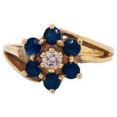 Cluster Sapphire Flower Ring with Diamonds circa 1990 in 14k Yellow Gold Sizable