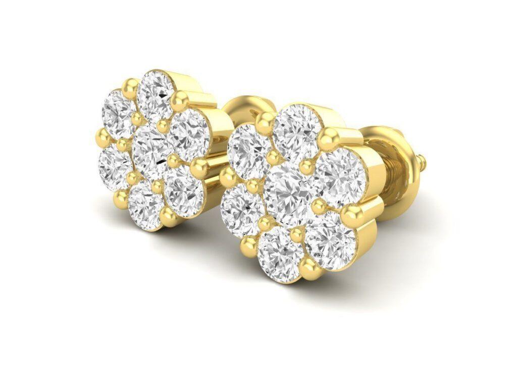 Modern Cluster Stud Diamond Earrings, 18k Gold, 1.7ct For Sale