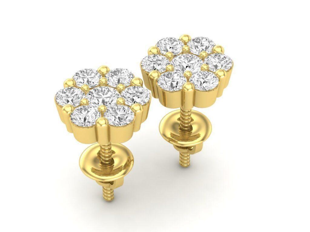 Round Cut Cluster Stud Diamond Earrings, 18k Gold, 1.7ct For Sale