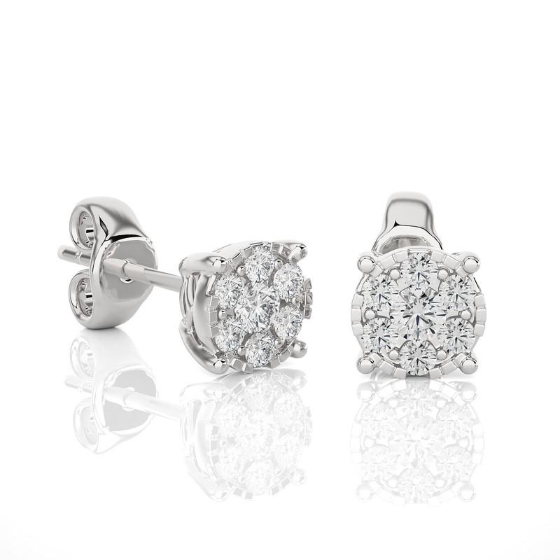 Round Cut Cluster Stud Earrings: 1/3 Carat Diamonds in 14k White Gold For Sale