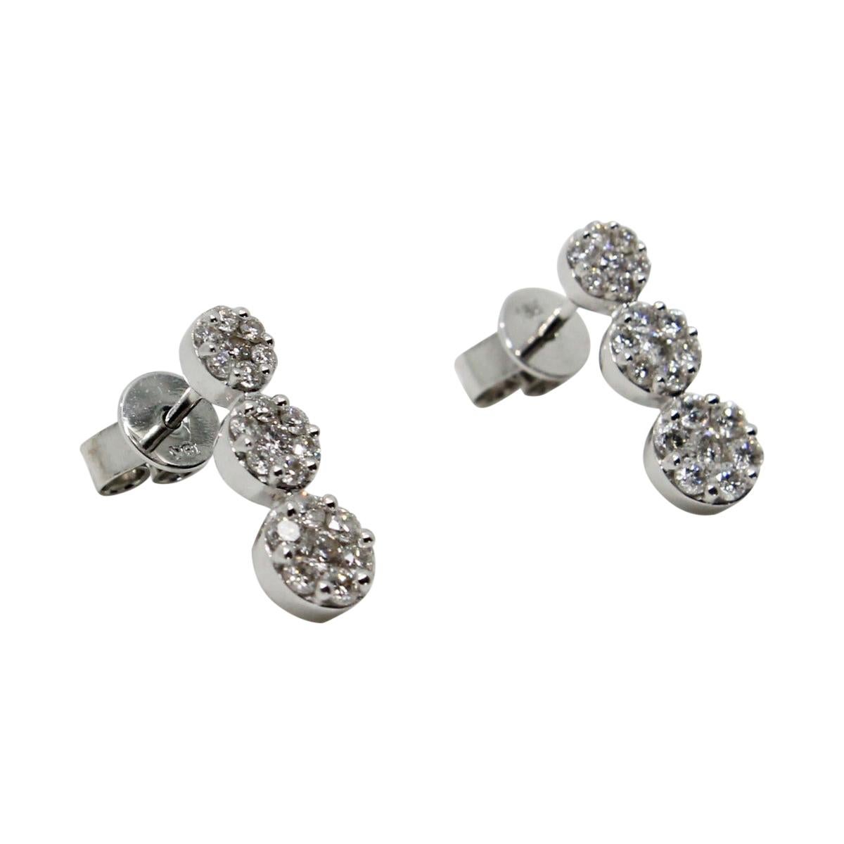 Cluster Three Drop Flower Earrings 0.99 Carat Diamond 18 Karat White Gold For Sale