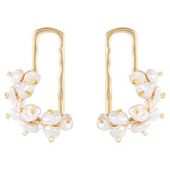 Cluster White Irregular Pearls Rectangle Gold Half Hoop Pierced Drop Earrings