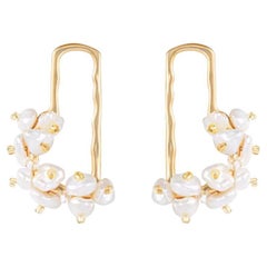 Cluster White Irregular Pearls Rectangle Gold Half Hoop Pierced Drop Earrings