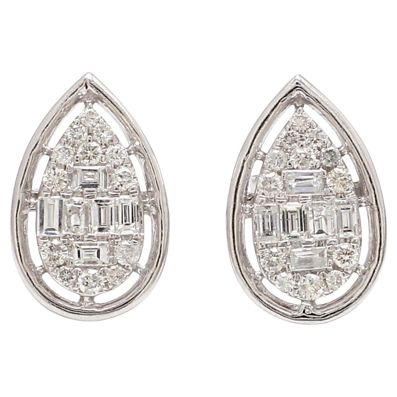 Clustered 1ct Diamonds Pear-Shaped Stud Earrings 18k Solid White Gold For Sale