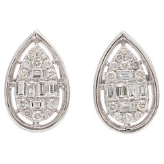 Clustered 1ct Diamonds Pear-Shaped Stud Earrings 18k Solid White Gold