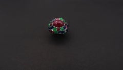 Clustered 39.39 Carat Cabochon Ruby Emerald Sapphire Diamond 18 Karat Gold Ring