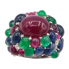 Clustered 39.39 Carat Cabochon Ruby Emerald Sapphire Diamond 18 Karat Gold Ring