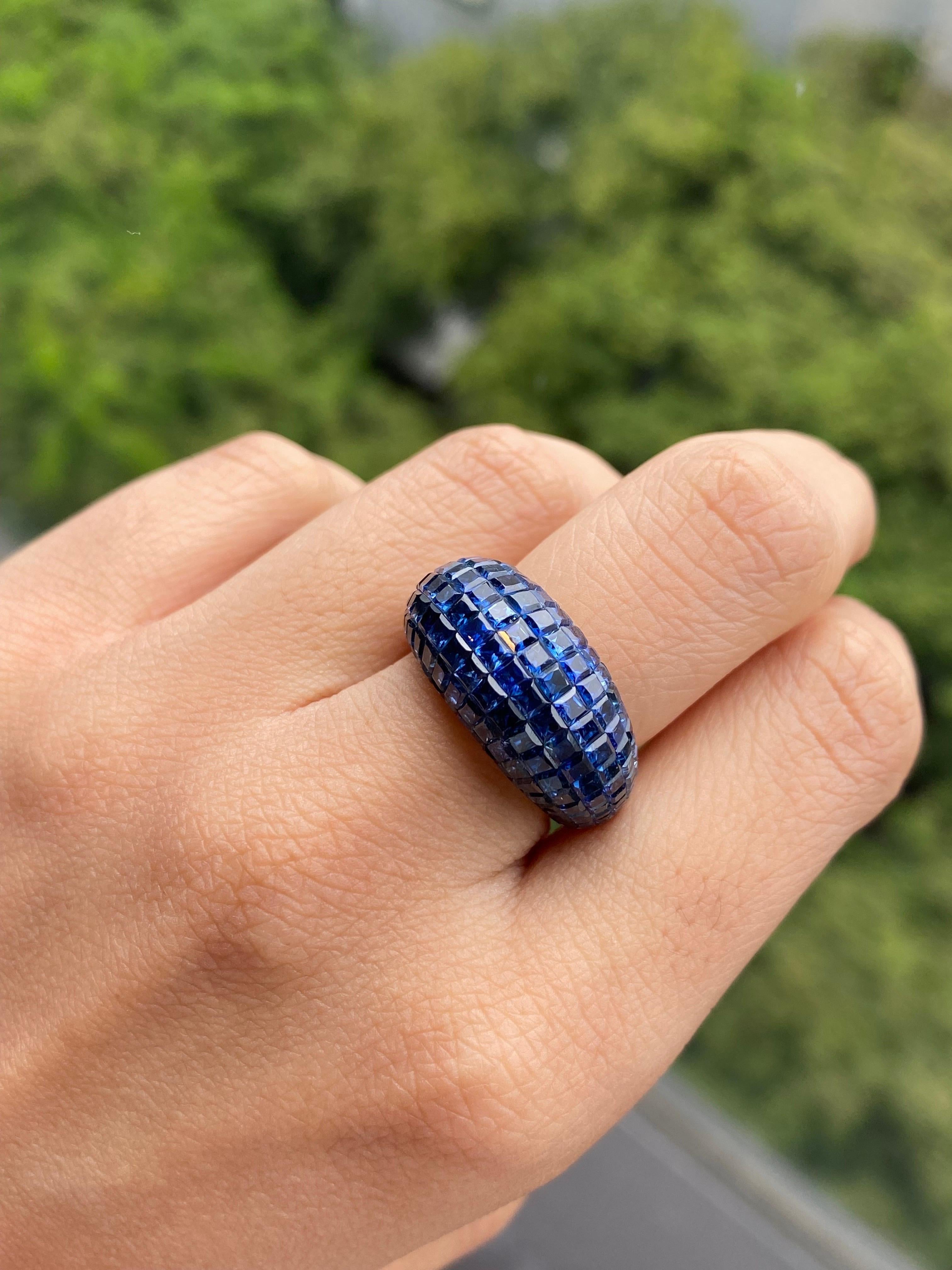 Emerald Cut Clustered Blue Sapphire and 18K White Gold Dome Cocktail Ring For Sale