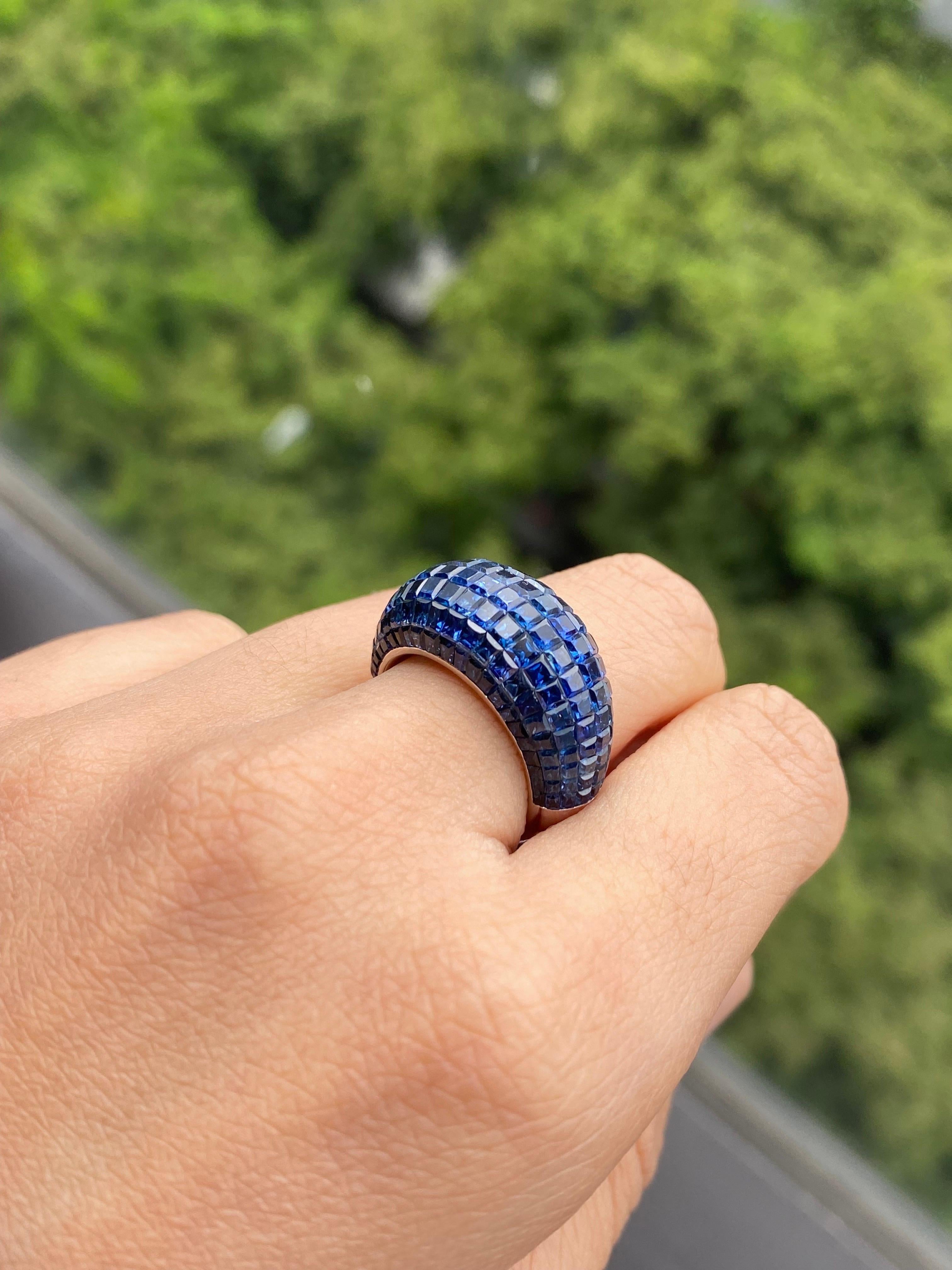 Women's or Men's Clustered Blue Sapphire and 18K White Gold Dome Cocktail Ring For Sale