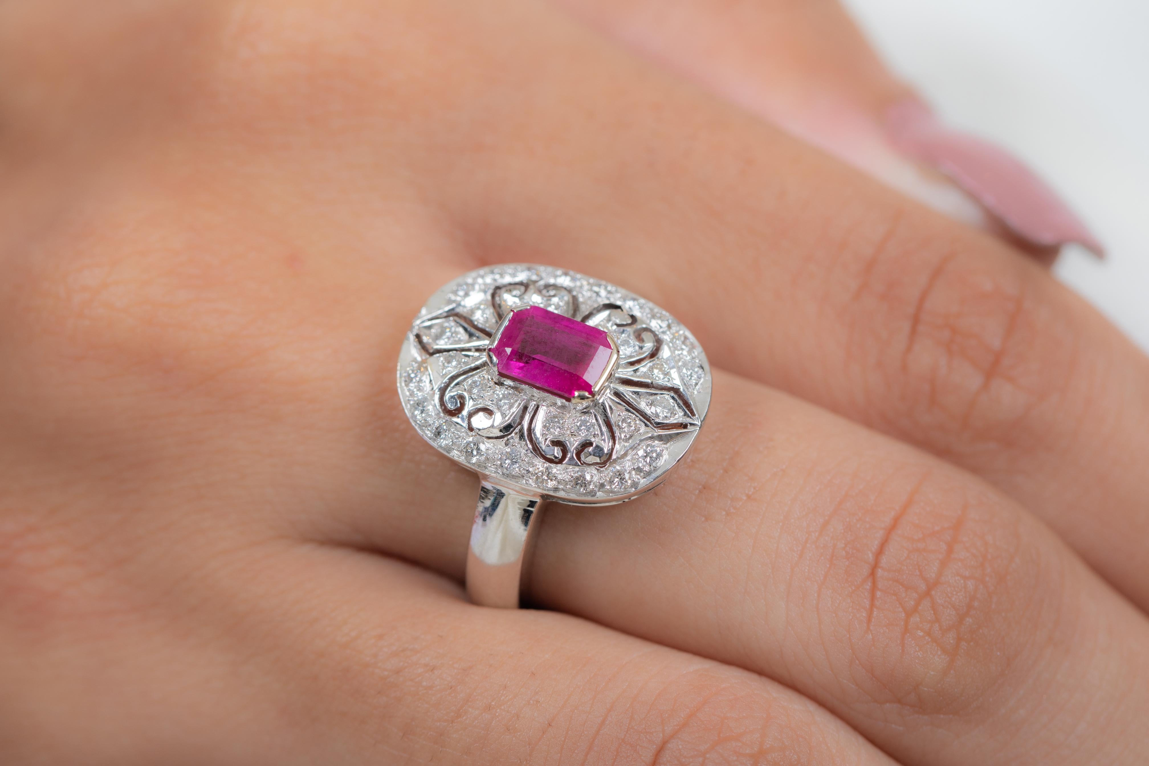 For Sale:  Clustered Diamond Cocktail Ring with 2.31 Carat Ruby in 18K White Gold Engraving 2