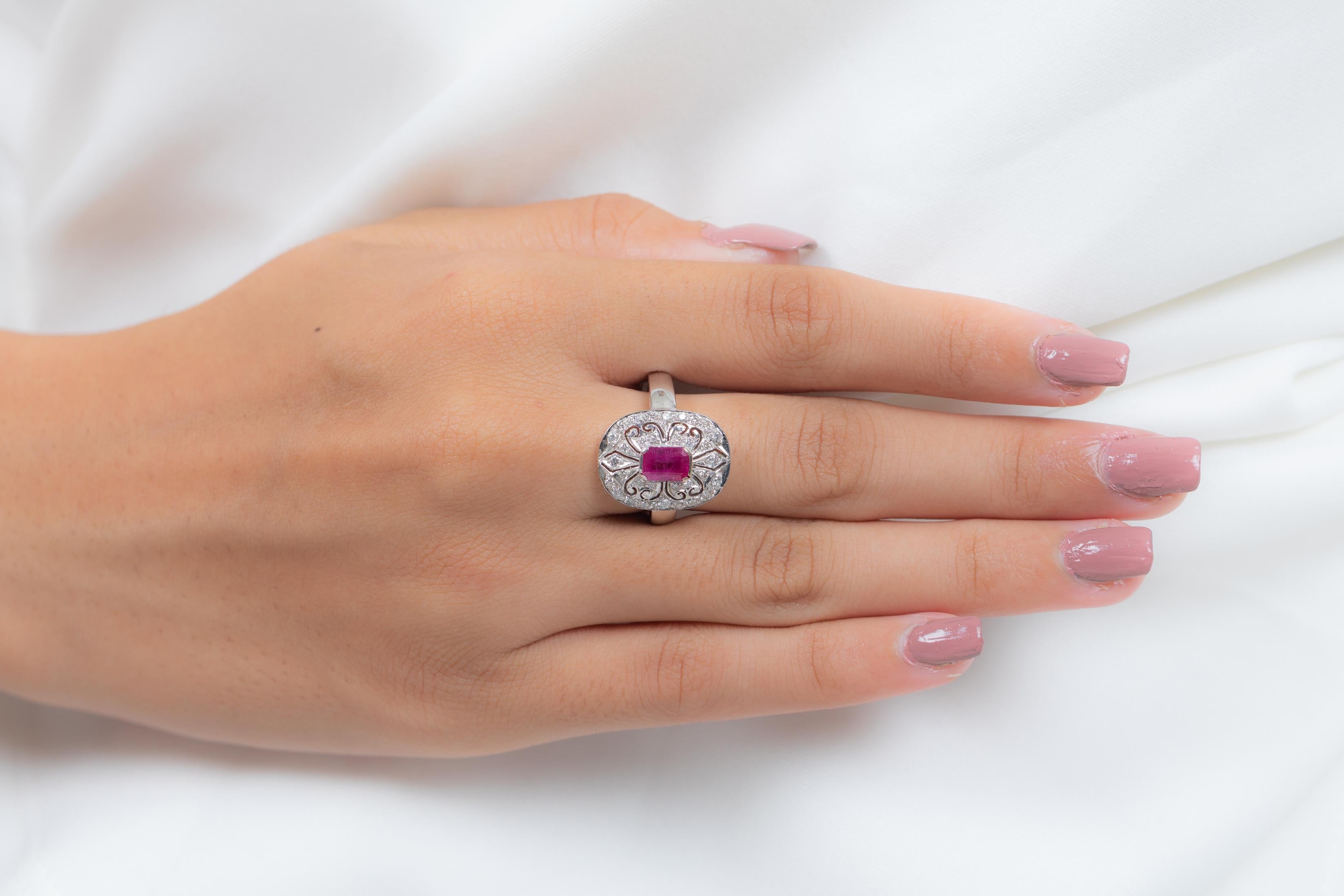 For Sale:  Clustered Diamond Cocktail Ring with 2.31 Carat Ruby in 18K White Gold Engraving 4