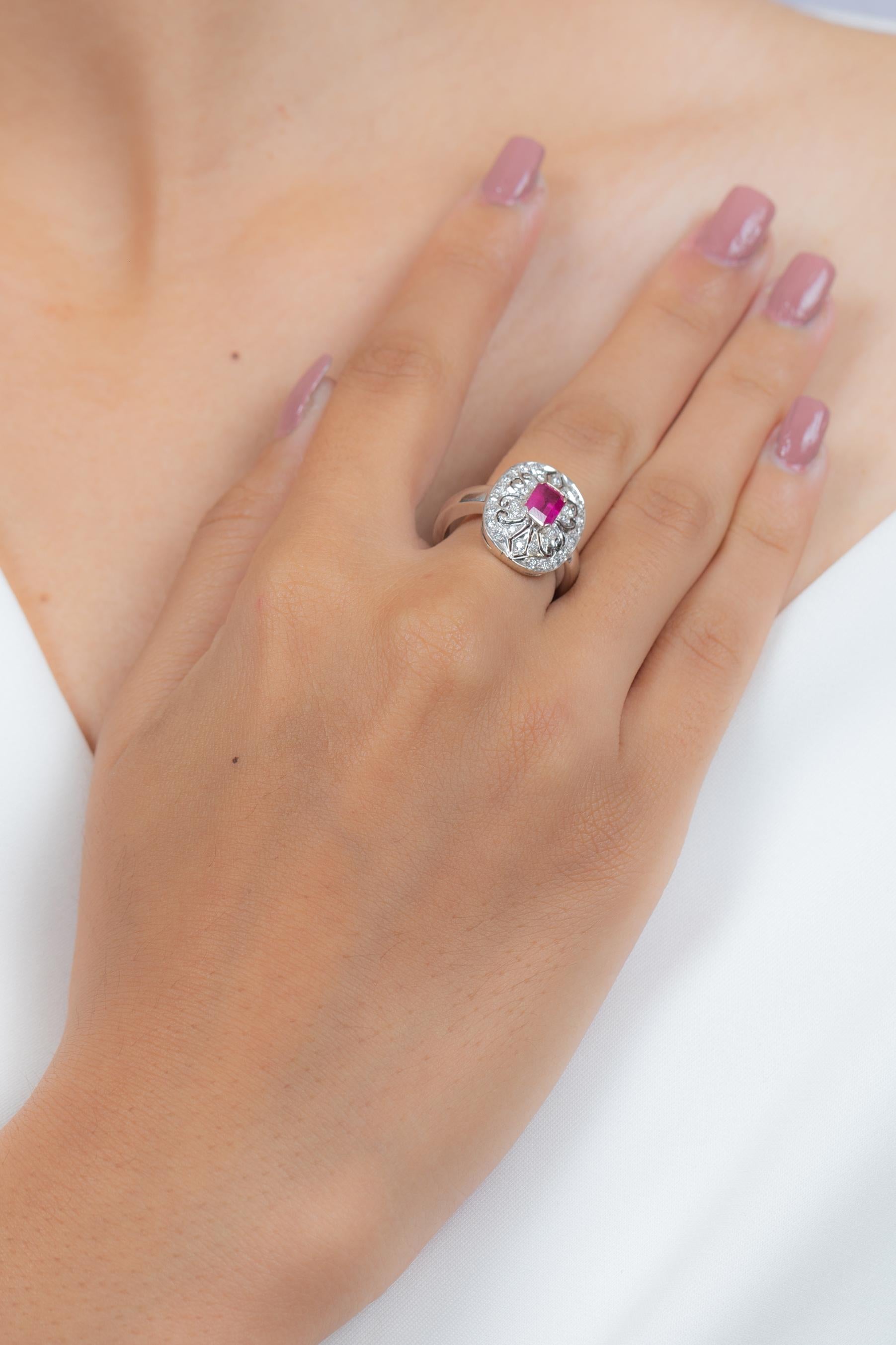For Sale:  Clustered Diamond Cocktail Ring with 2.31 Carat Ruby in 18K White Gold Engraving 6