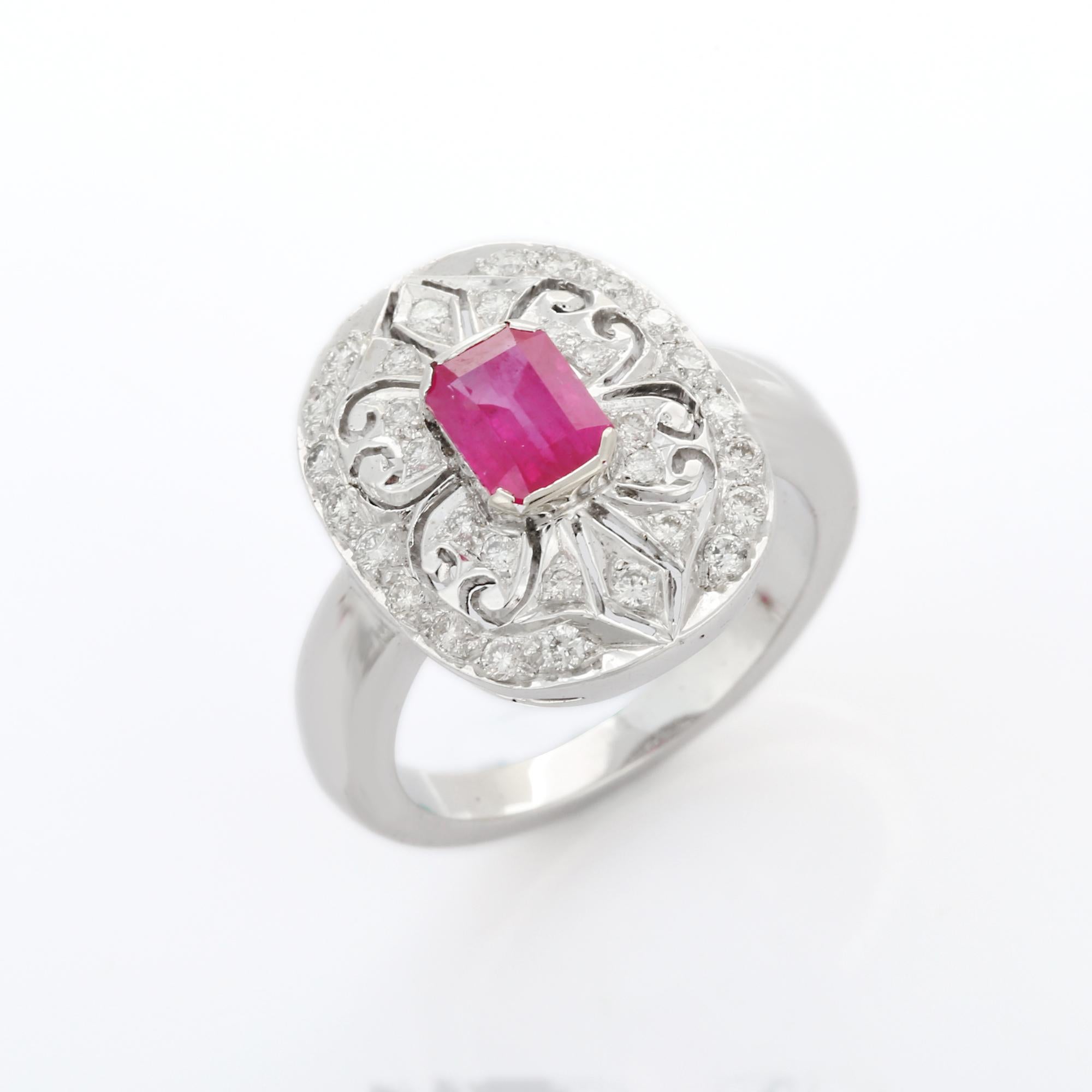 For Sale:  Clustered Diamond Cocktail Ring with 2.31 Carat Ruby in 18K White Gold Engraving 7