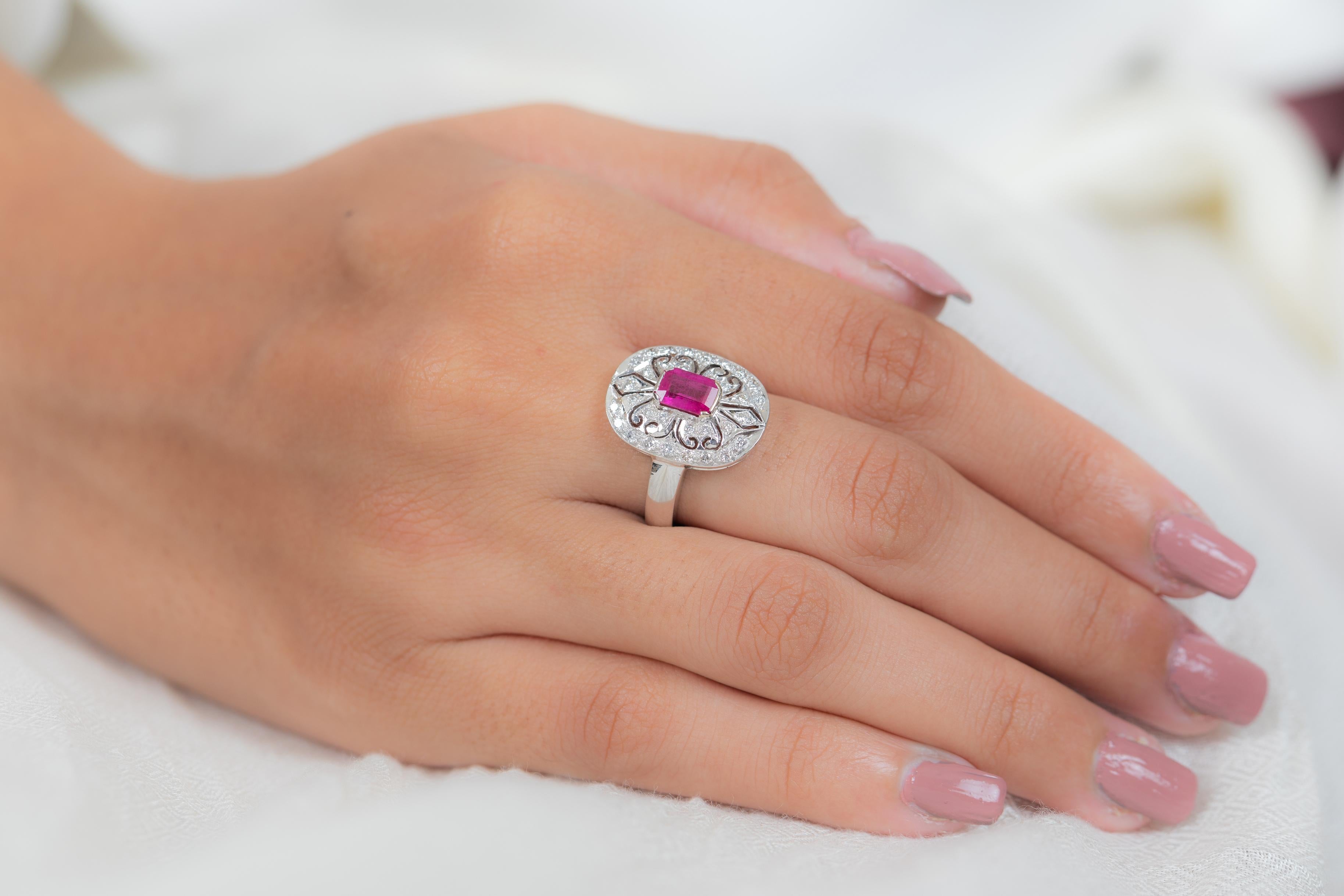 For Sale:  Clustered Diamond Cocktail Ring with 2.31 Carat Ruby in 18K White Gold Engraving 8