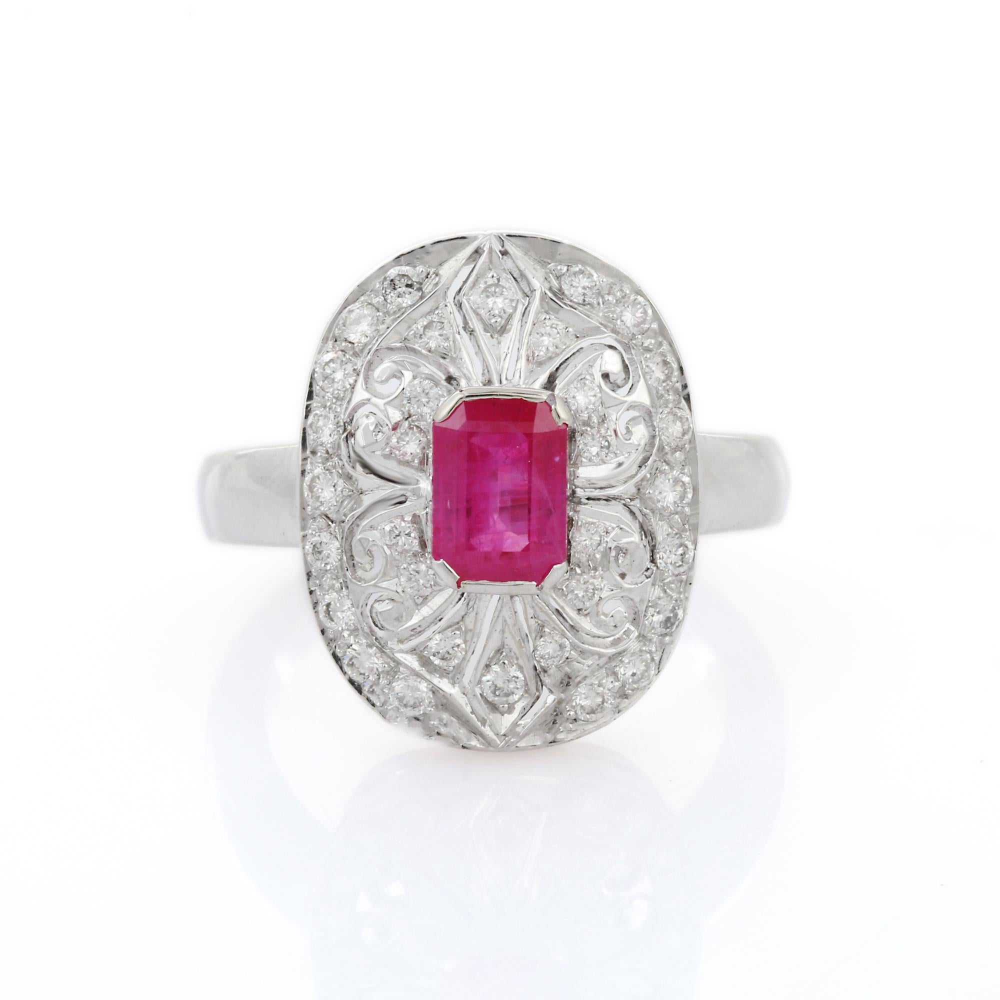 For Sale:  Clustered Diamond Cocktail Ring with 2.31 Carat Ruby in 18K White Gold Engraving 9