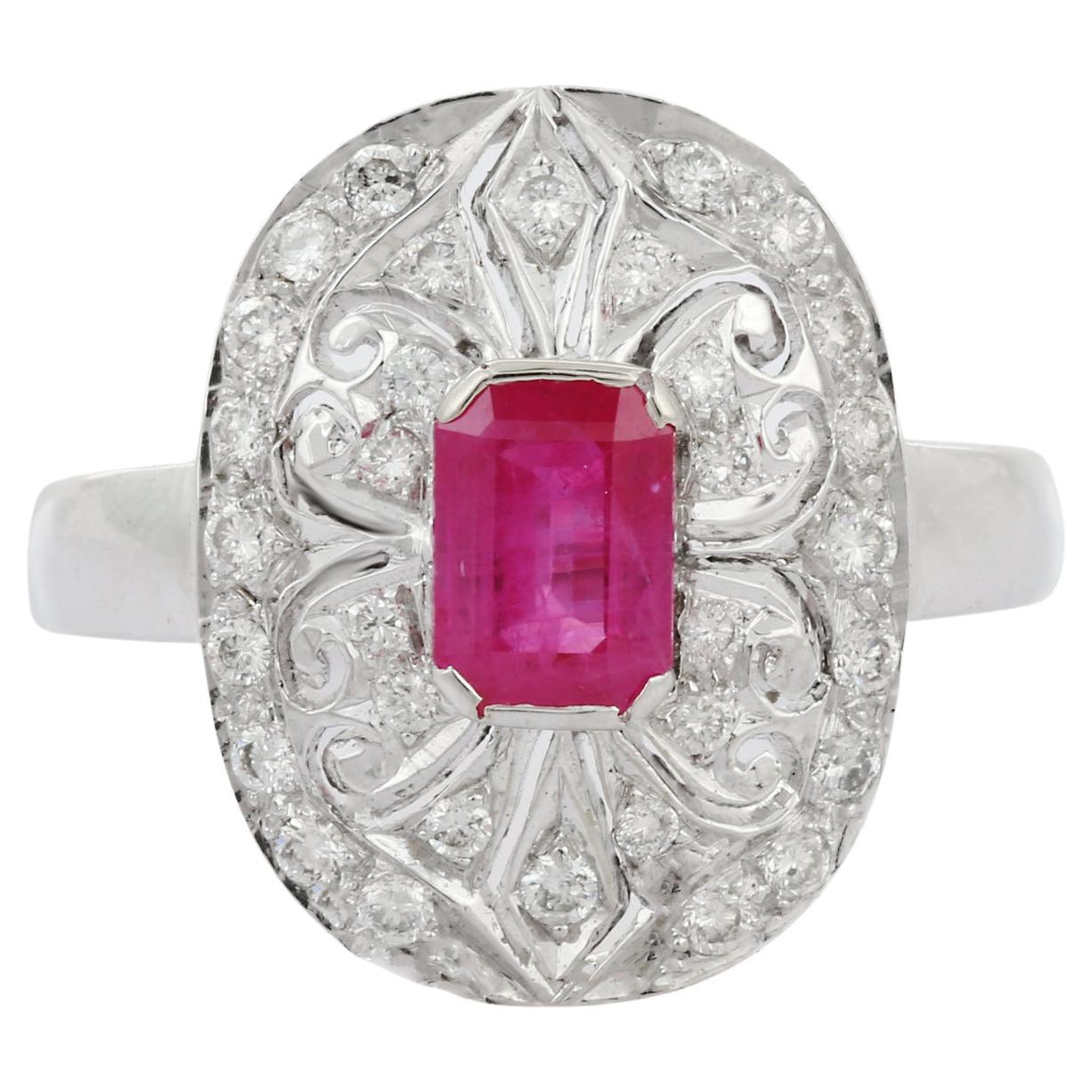 Clustered Diamond Cocktail Ring with 2.31 Carat Ruby in 18K White Gold Engraving