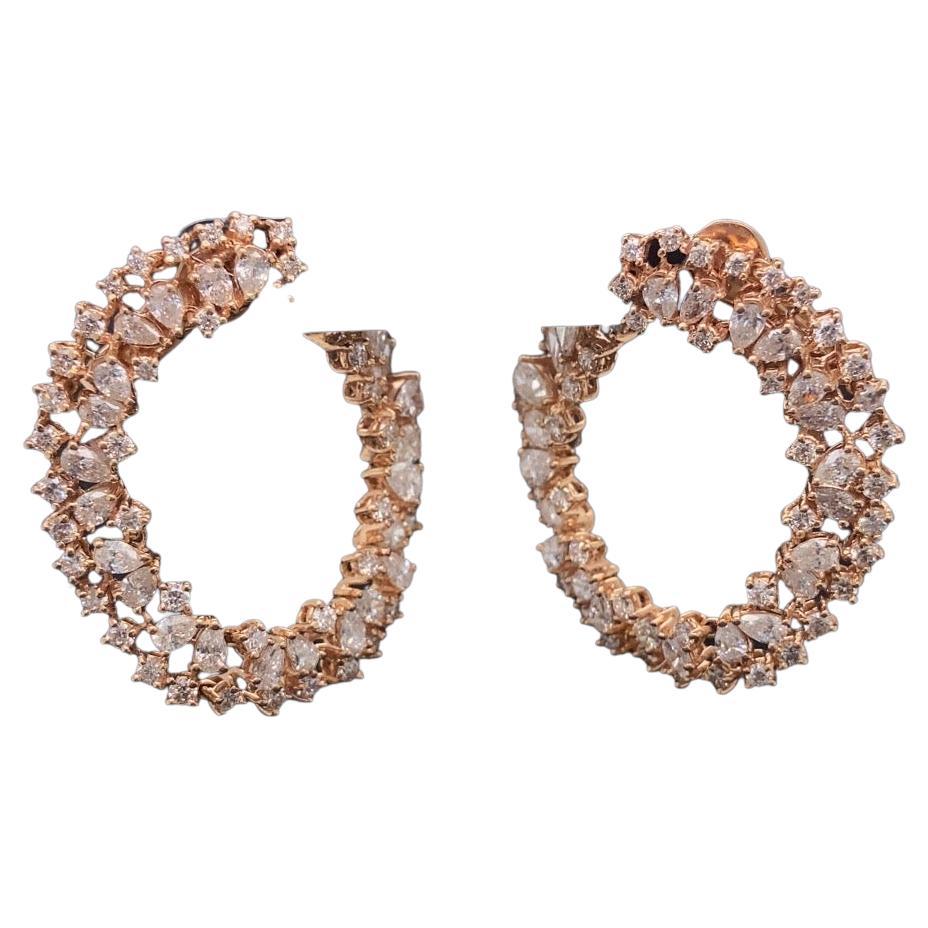 Clustered Pear & Round Diamond Hoop Earrings in 18K Solid Gold For Sale