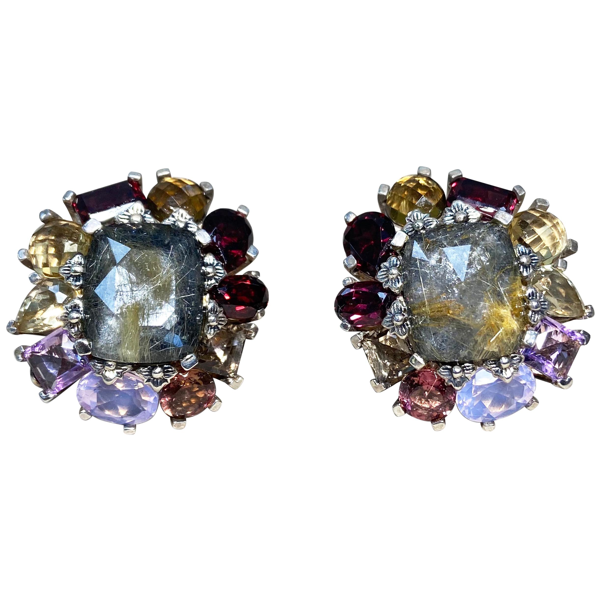 Stephen Dweck Clustered Prong Set Assorted Gemstone Clip Earrings 