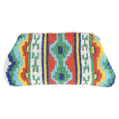 Clutch Bag in Fabric with Pearls on One Side and Wooden Clasp.