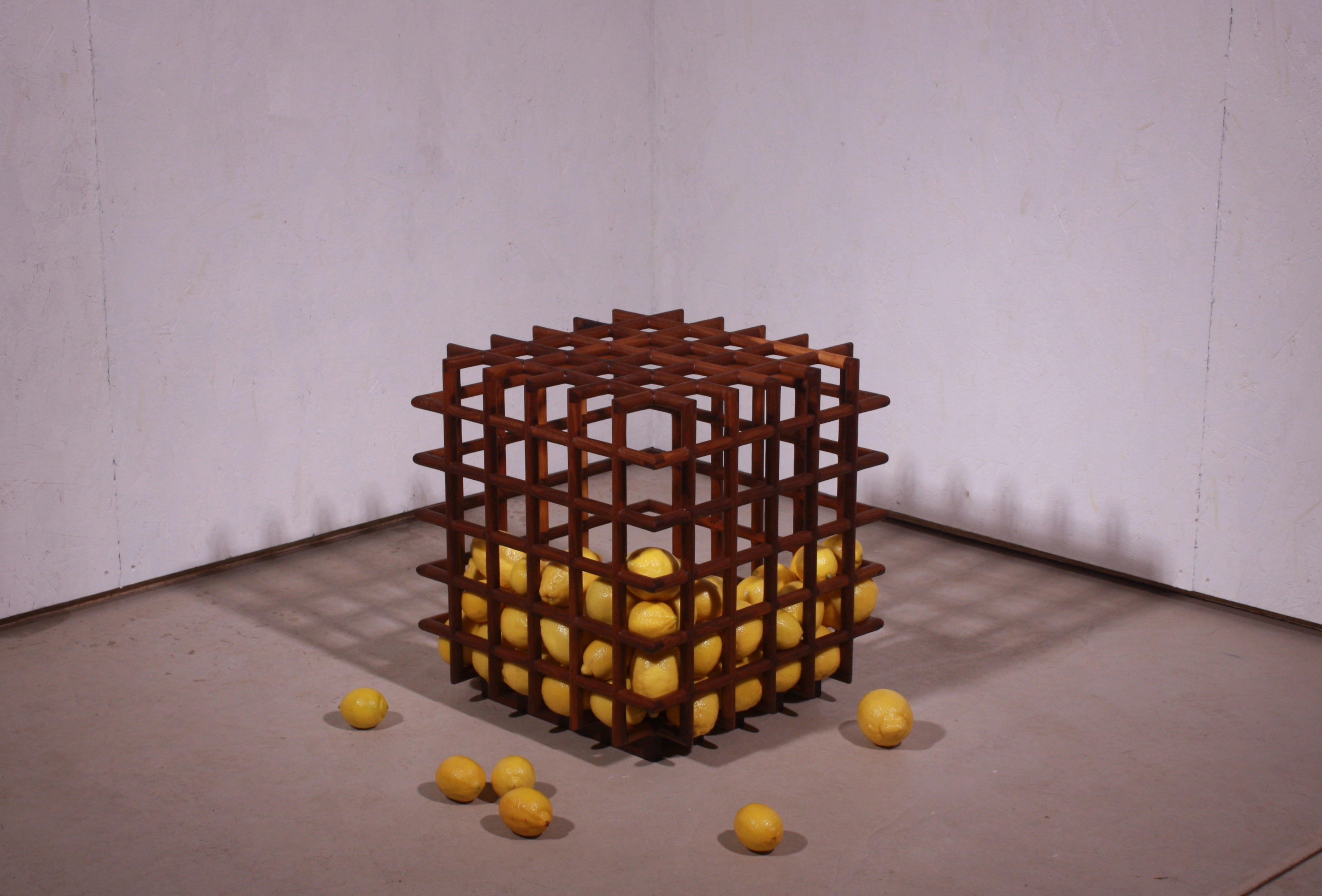 Scultura di frizione di Laylo Studio
Edizione limitata di 10 esemplari
Dimensioni: D 48 x L 48 x H 50 cm.
Materiali: Noce.

Perennemente incompiuto, il nostro recipiente di legno è al tempo stesso chiuso e poroso, in grado di stringere alcuni limoni