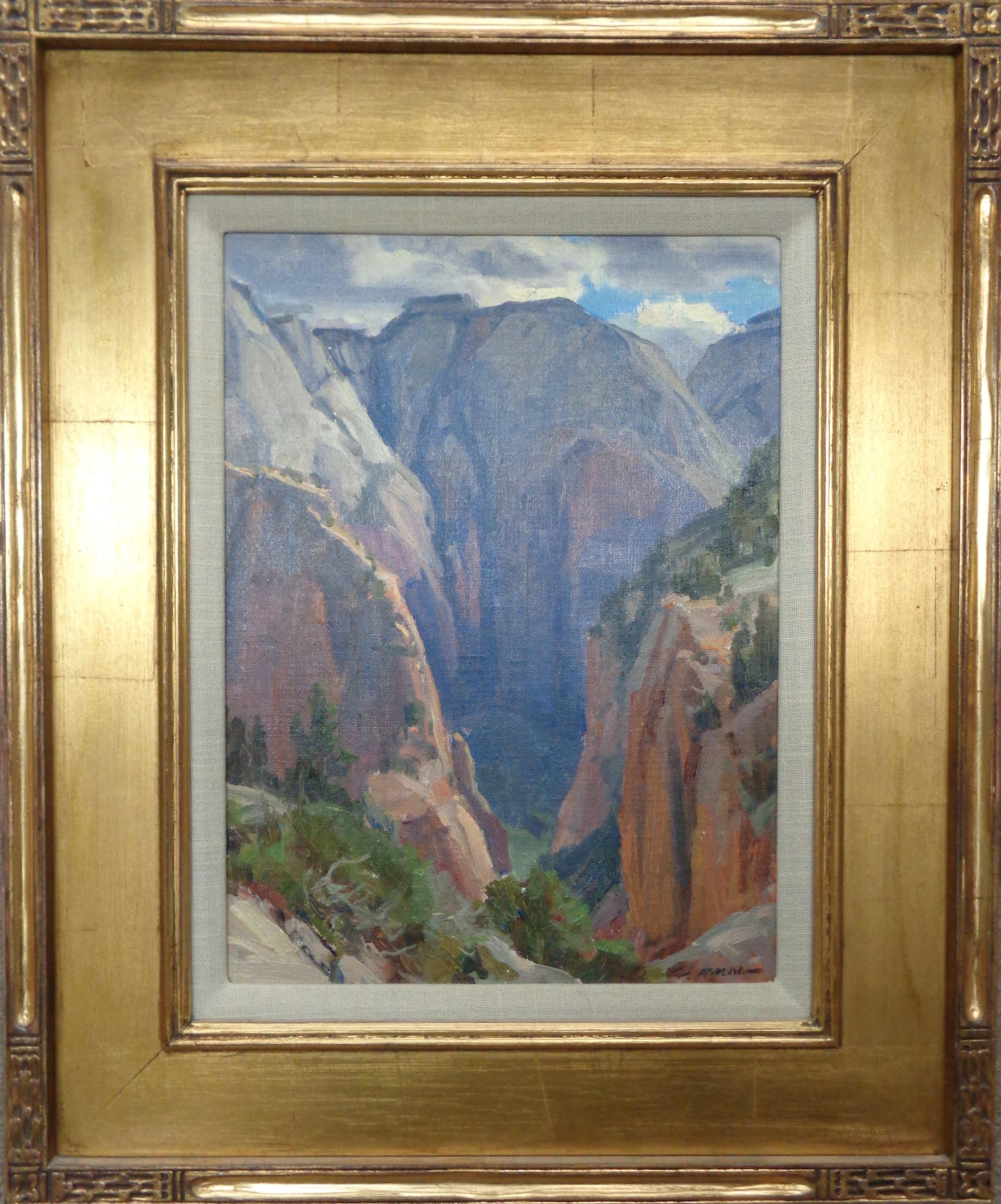 West Rim Trial Zion Natl Park
Öl/Platte
Bild  16 x 12
Begleitet von einem Ausstellungskatalog der Trailside Galleries, 1991.
Die Malerei ist in ausgezeichnetem Zustand, der Rahmen wurde ausgebessert.

Clyde Aspevigs persönlicher und künstlerischer