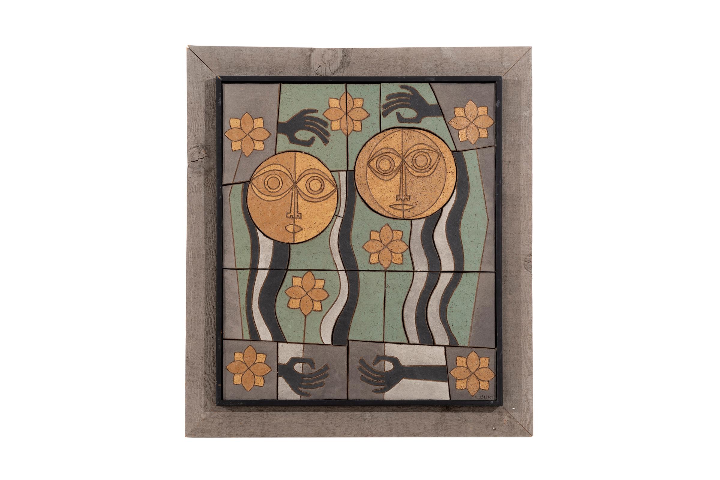 Clyde Burt abstract ceramic wall relief in glazed stoneware with wooden frame.
Signed to front: [C. BURT].
American, circa 1965.