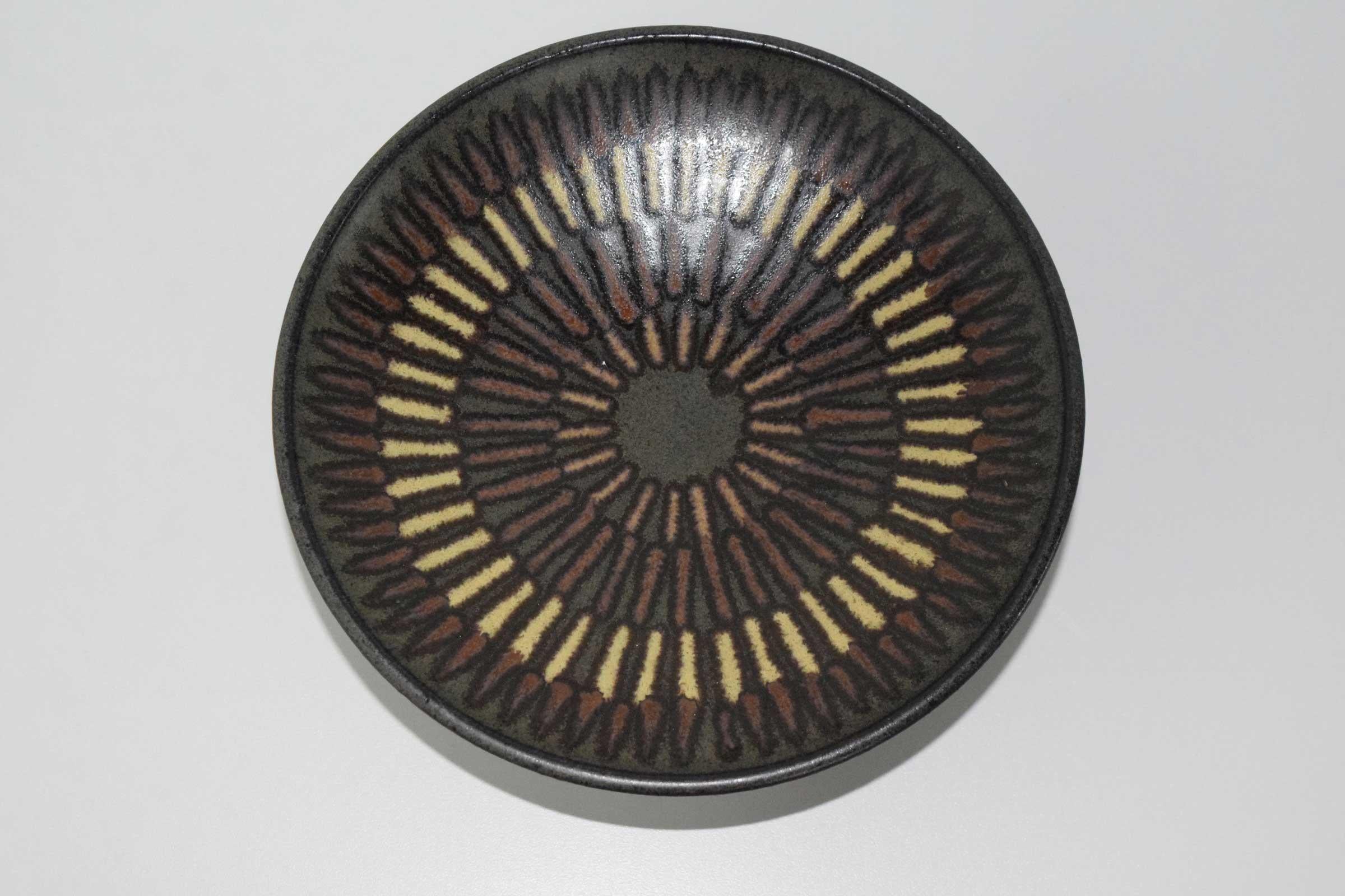 Mid-Century Modern Clyde Burt Footed Tray Plate in Glazed Multicolored Stonewear For Sale