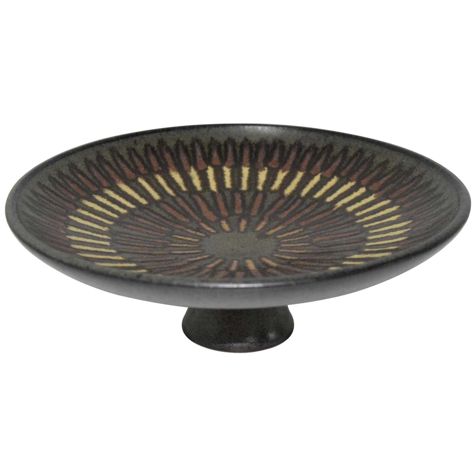 Clyde Burt Footed Tray Plate in Glazed Multicolored Stonewear For Sale
