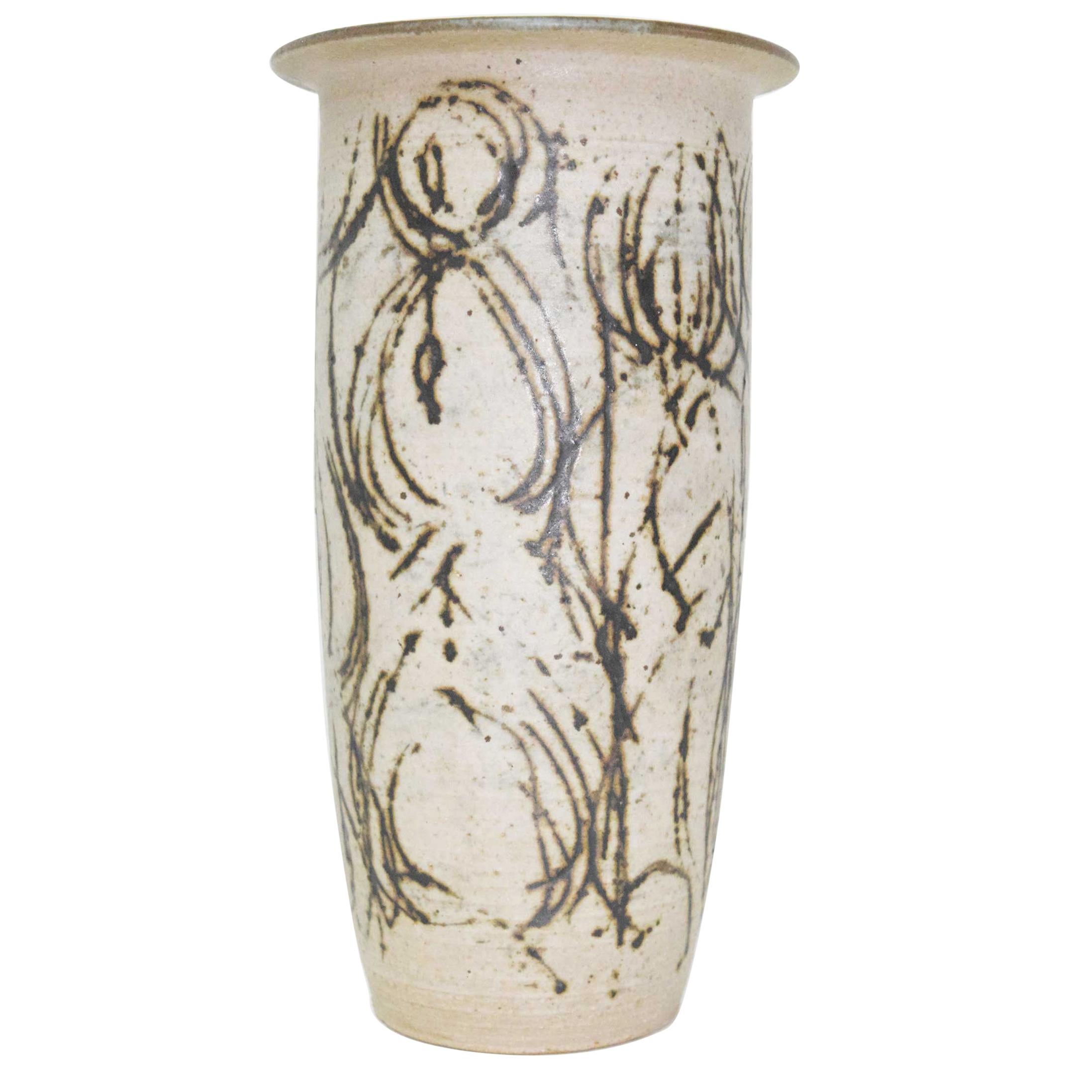 Clyde Burt Tall Ceramic Vase with Abstract Design For Sale