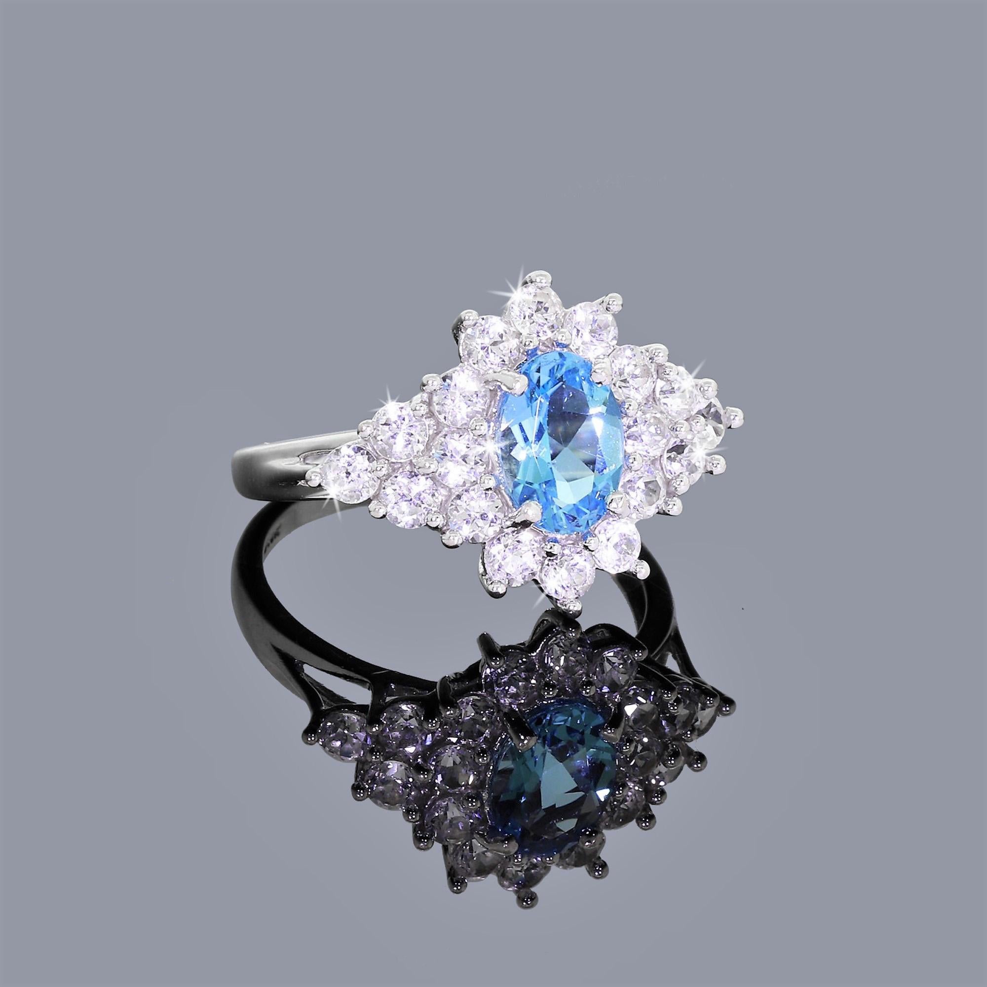 Oval Cut Clyde Duneier 10 Karat Gold Cocktail Ring Blue Spinel White Sapphire Cluster