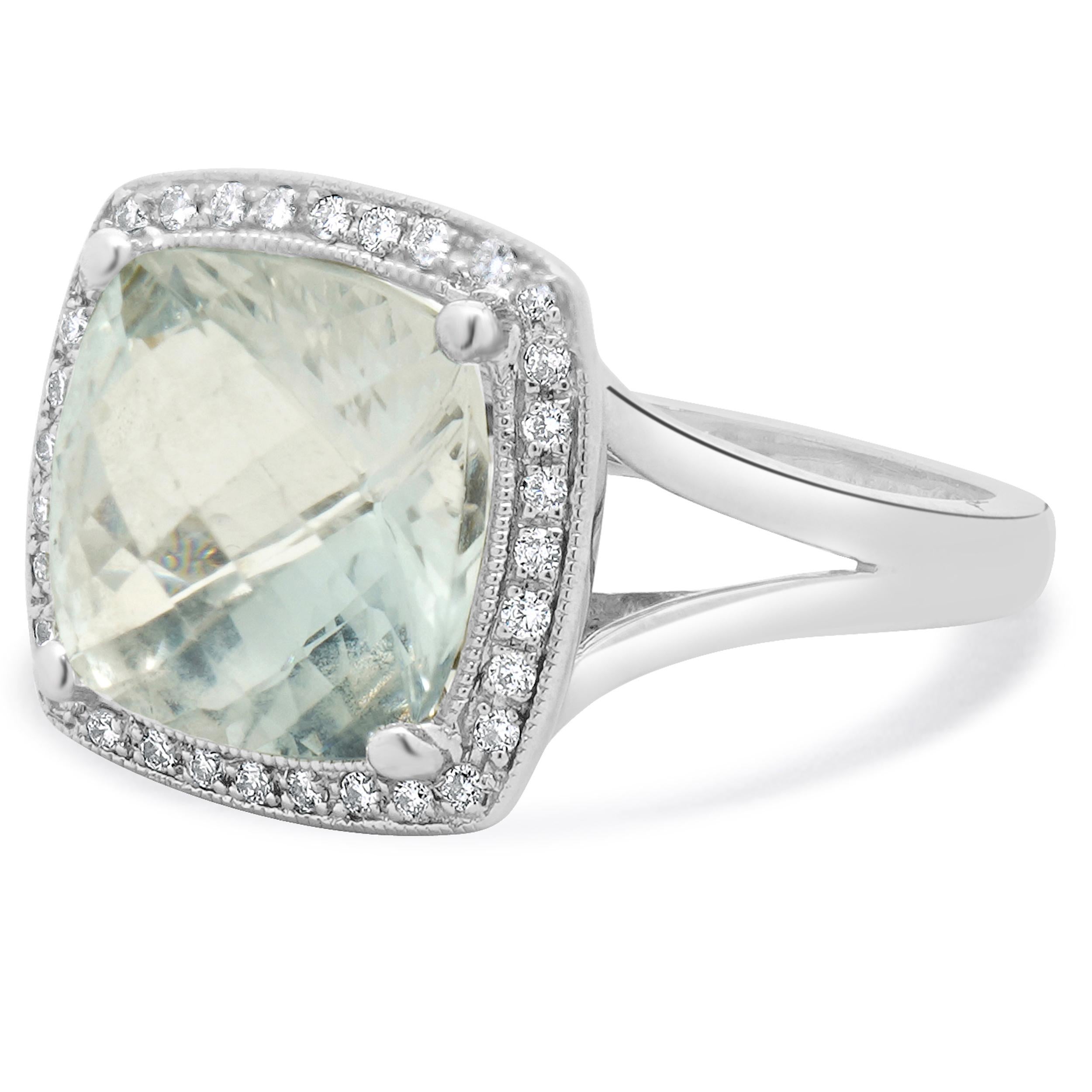 Designer: Clyde Duneiere
Material: 18k white gold
Diamond: 33 round cut = 0.13cttw
Color: H
Clarity: SI1
White Topaz: Cushion cut = 5.50cttw
Ring Size: 7
Weight: 5.7 grams