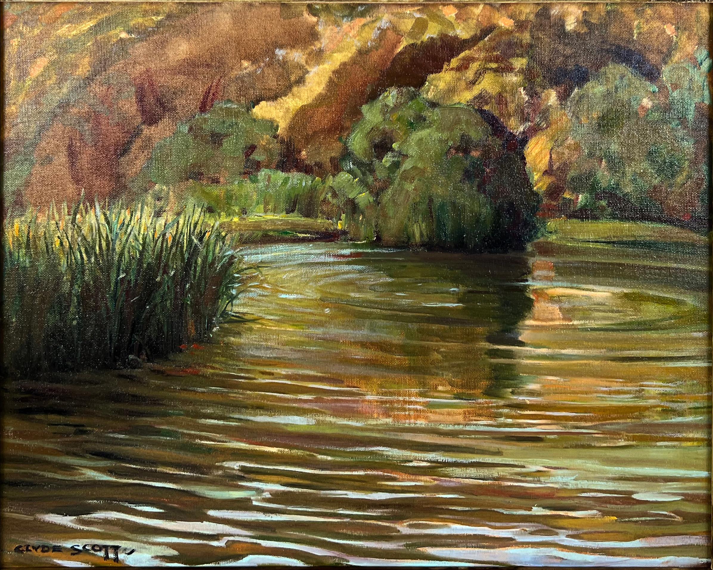 „Ole Swimmin Hole“ Südkalifornien Teich und Hügel Öl auf Leinwand Karton 1930er Jahre – Painting von Clyde Eugene Scott