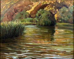 "Ole Swimmin Hole" Southern California Pond and Hills Oil on canvas board 1930s
