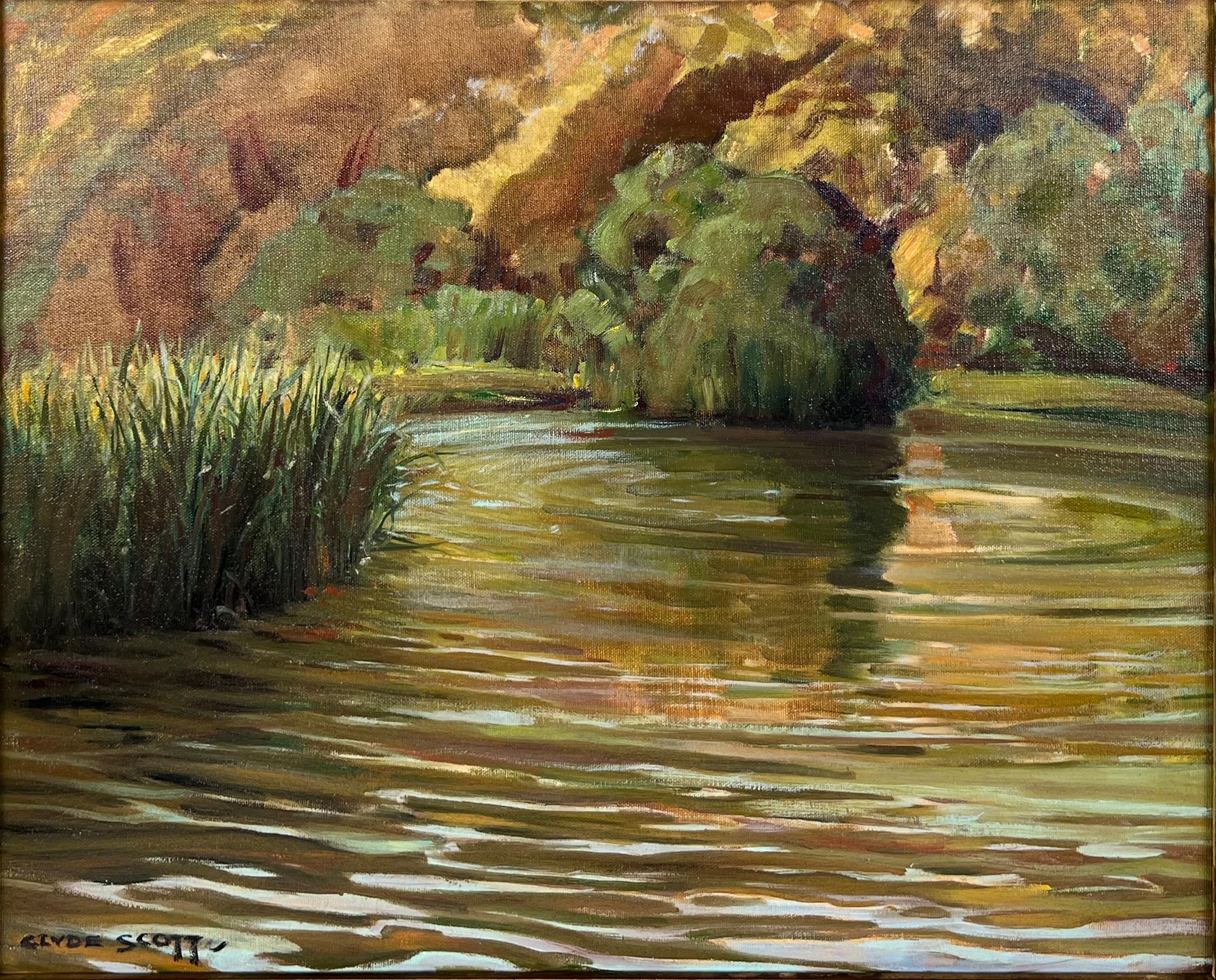 „Ole Swimmin Hole“ Südkalifornien Teich und Hügel Öl auf Leinwand Karton 1930er Jahre (Amerikanischer Impressionismus), Painting, von Clyde Eugene Scott