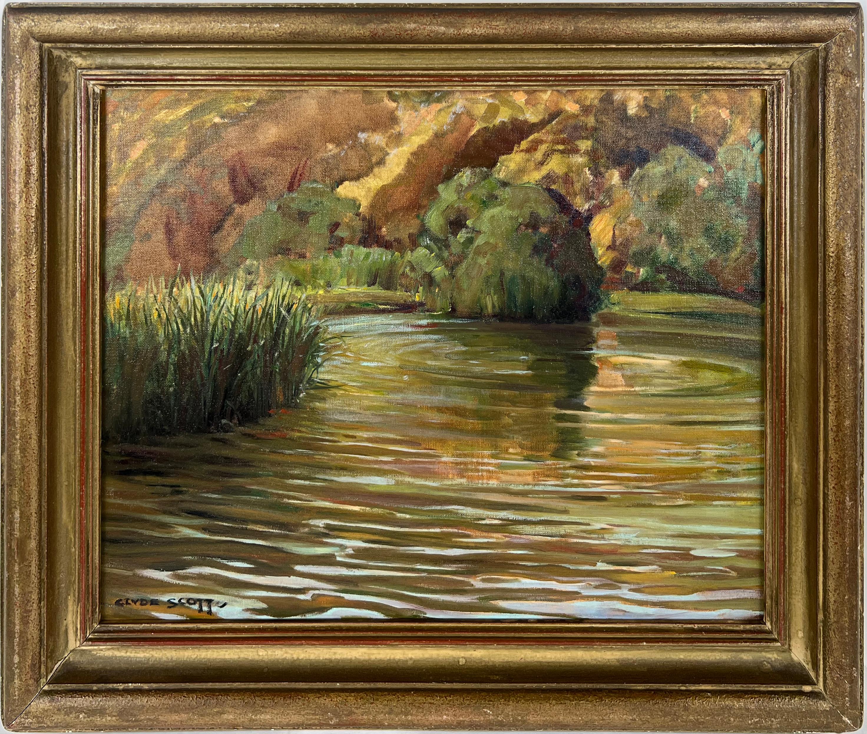 "Ole Swimmin Hole" Southern California Pond and Hills Oil on canvas board 1930s
