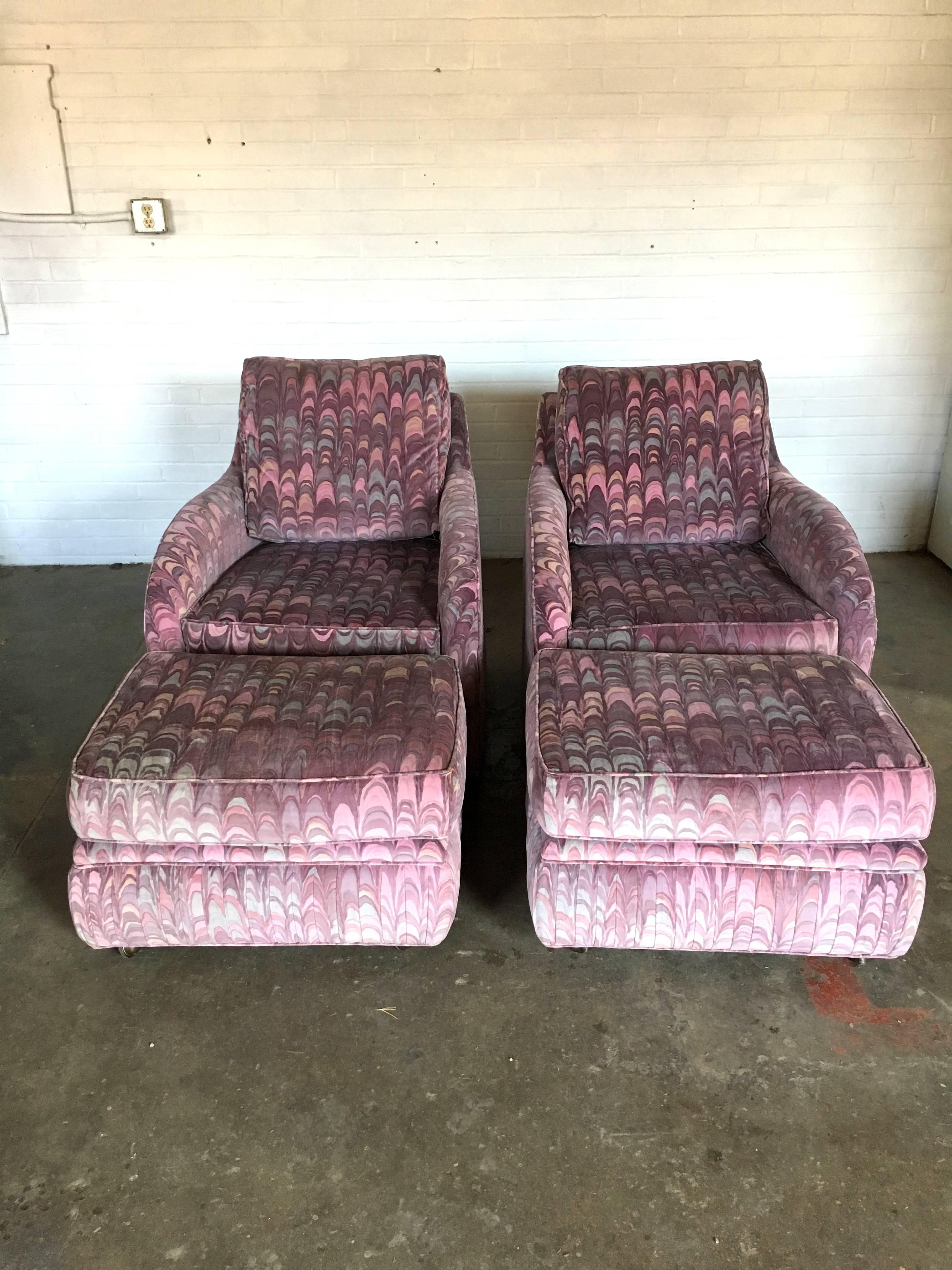 Gorgeous and incredible pair of lounge chairs and ottomans with the most beautiful Larsen Fabric ever. Excellent condition with no signs of wear. Even so, I had these professionally cleaned and then wrapped to keep them clean.
Ottomans are on