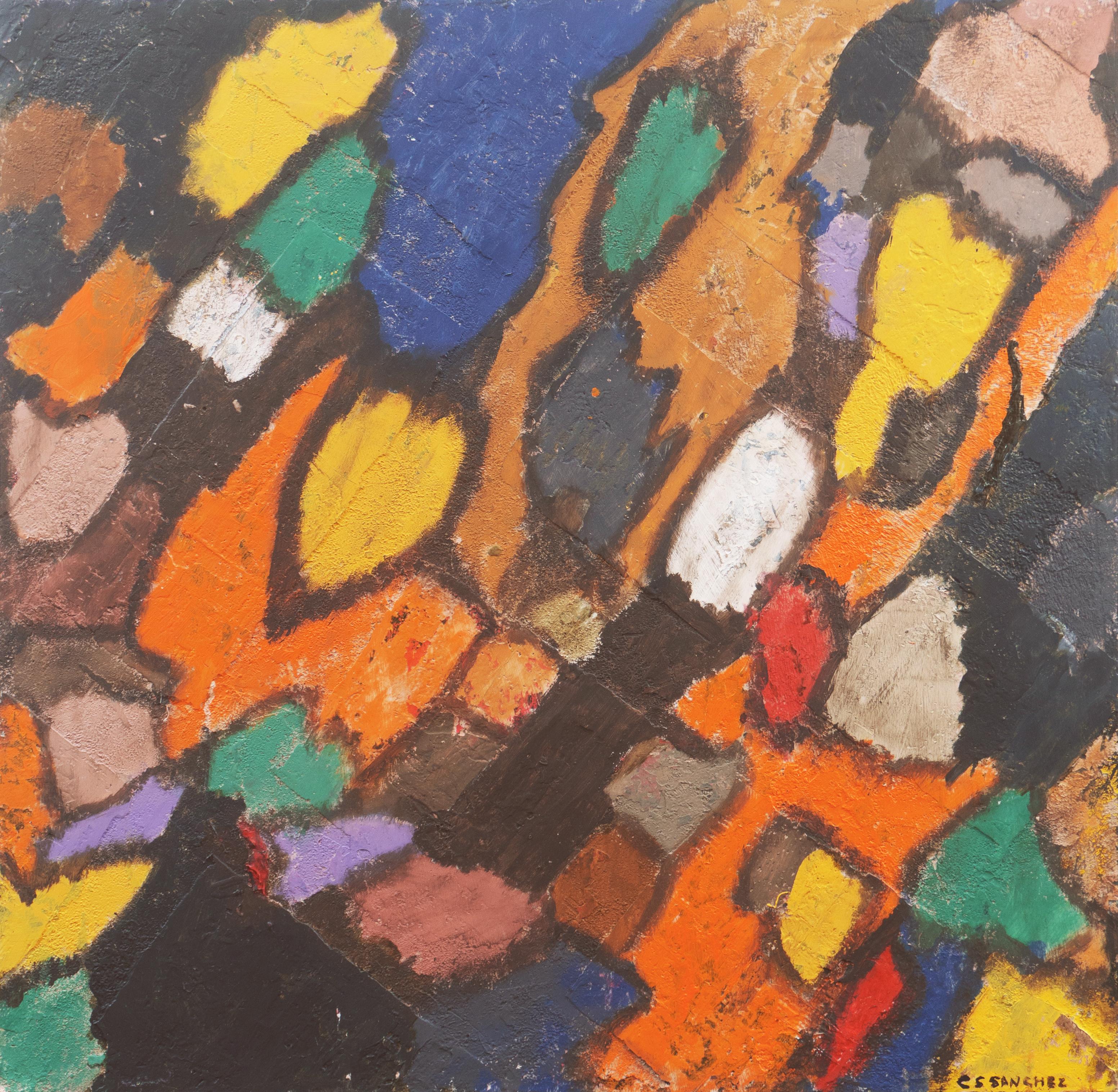 Abstract Painting Clyde Sanchez - Cloisonné abstrait, grande huile post-impressionniste, Aptos, Californie