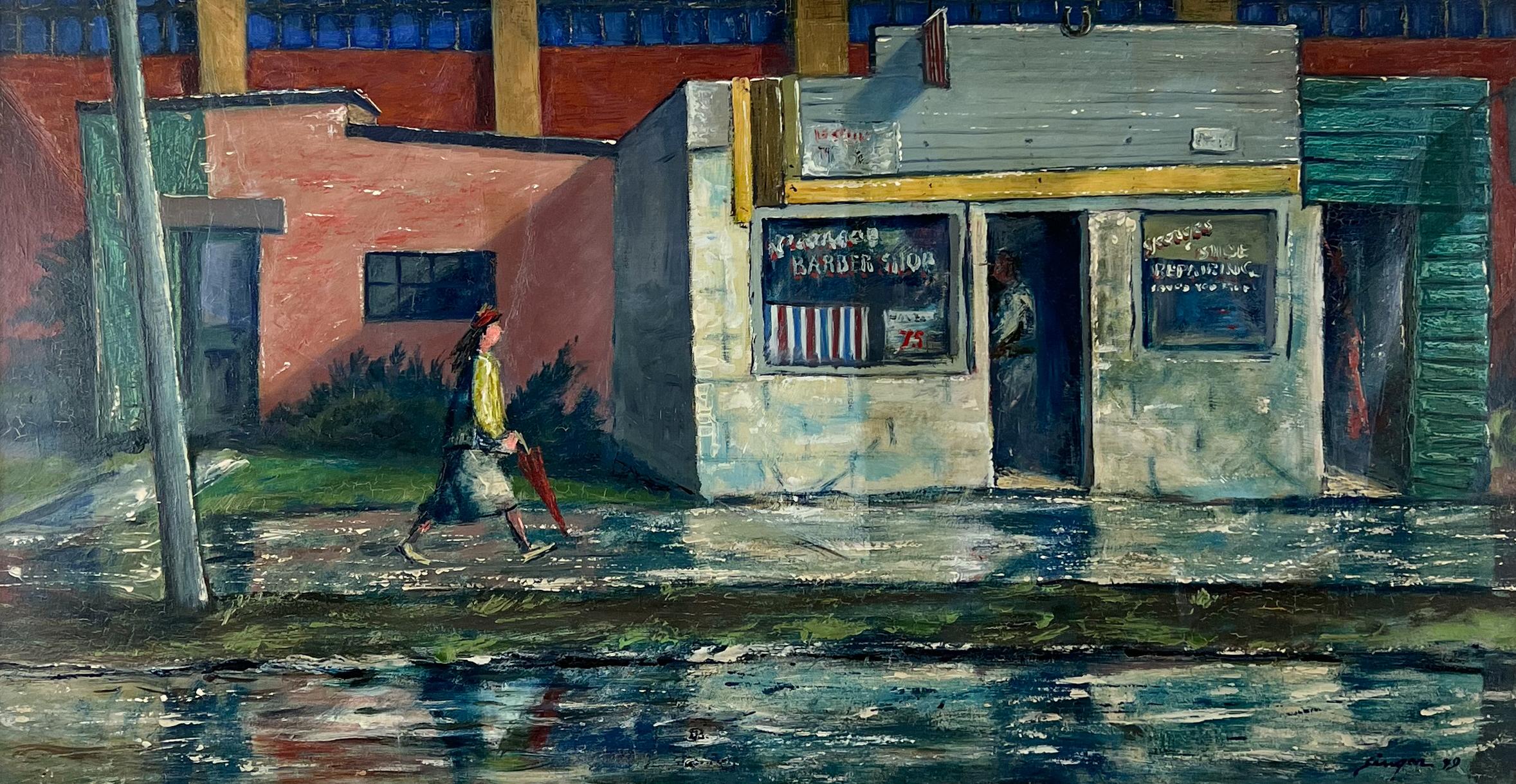 After The Shower-Mid-Century Street Scene Oil Painting.  Realist Urban America. - Black Landscape Painting by Clyde Singer